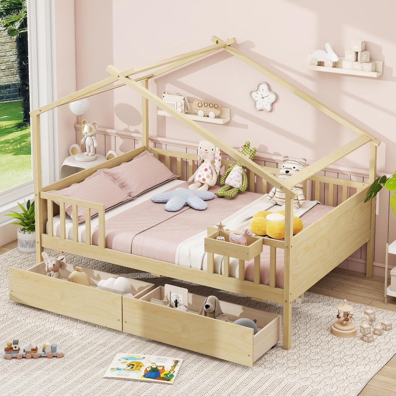 image:imageGiantex Full House Bed with Drawers Wooden Full Size Bed Frame with Cube Storage amp Fence Rails Montessori Beds for Kids Boys Girls Bedroom Living Room No Box Spring Needed NaturalNatural