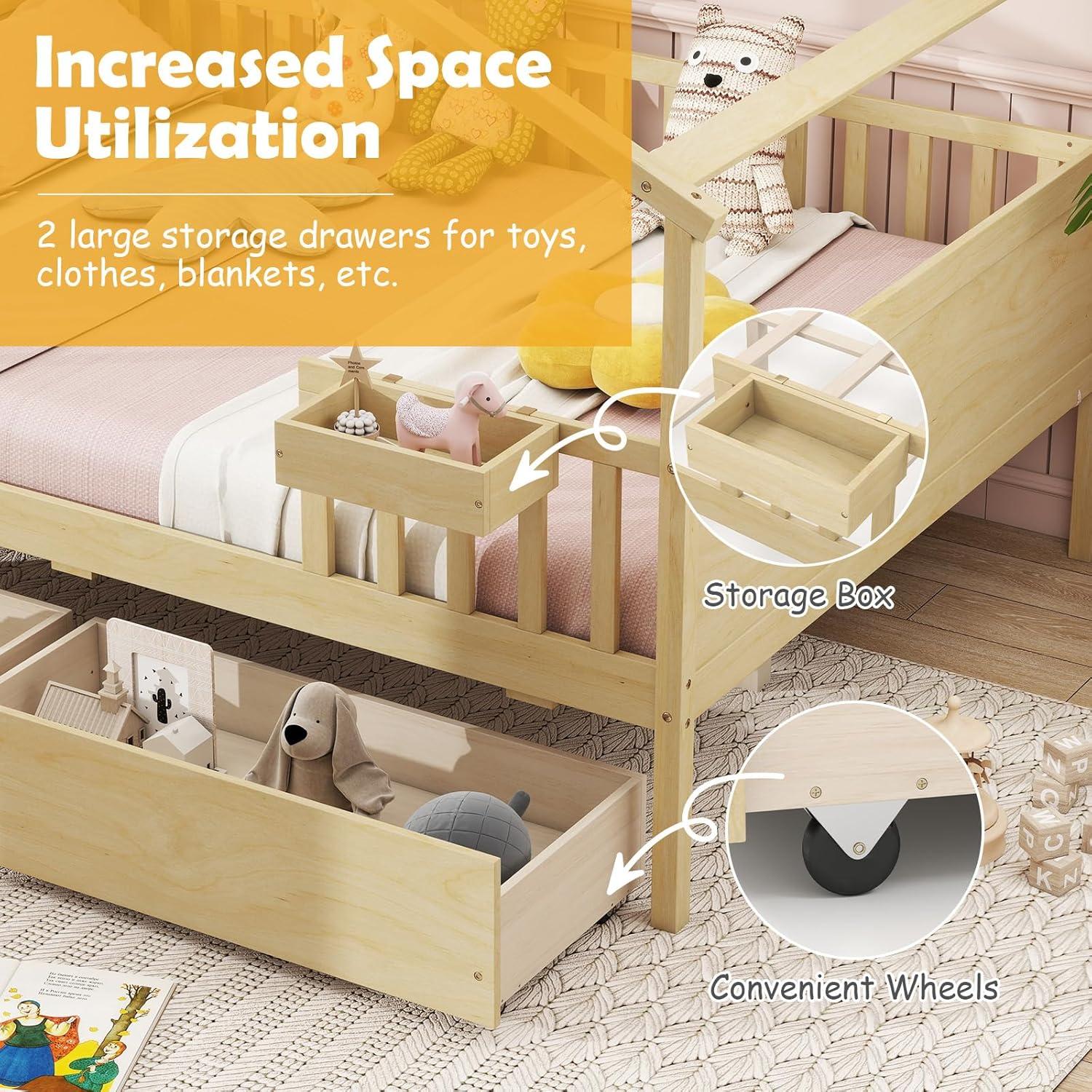 image:imageGiantex Full House Bed with Drawers Wooden Full Size Bed Frame with Cube Storage amp Fence Rails Montessori Beds for Kids Boys Girls Bedroom Living Room No Box Spring Needed NaturalNatural