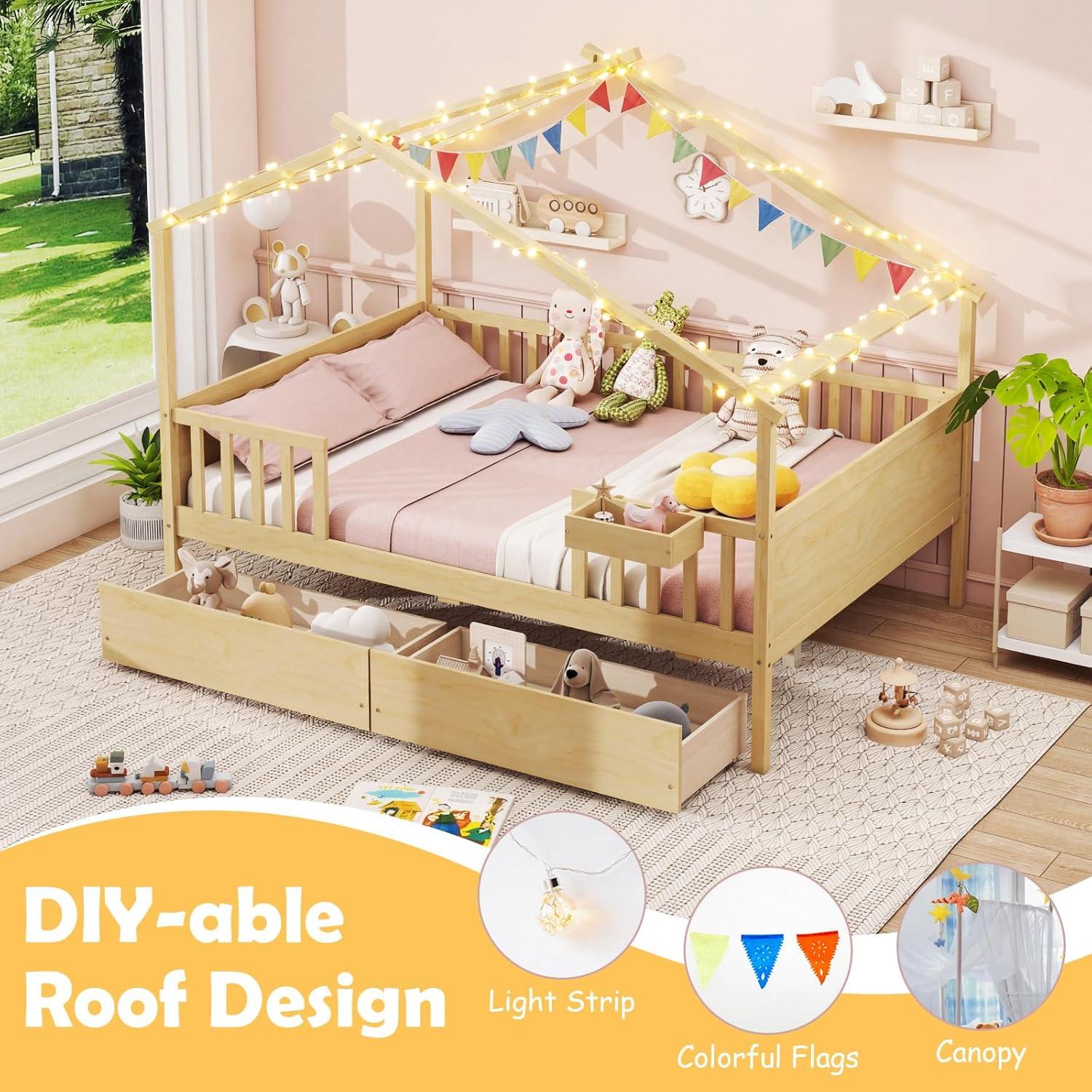 image:imageGiantex Full House Bed with Drawers Wooden Full Size Bed Frame with Cube Storage amp Fence Rails Montessori Beds for Kids Boys Girls Bedroom Living Room No Box Spring Needed NaturalNatural