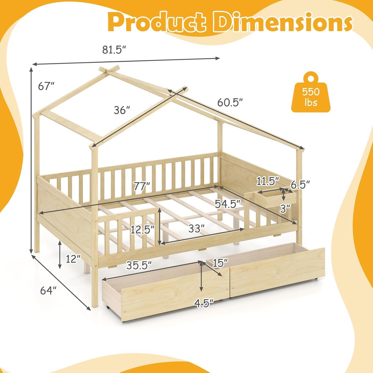 image:imageGiantex Full House Bed with Drawers Wooden Full Size Bed Frame with Cube Storage amp Fence Rails Montessori Beds for Kids Boys Girls Bedroom Living Room No Box Spring Needed NaturalNatural