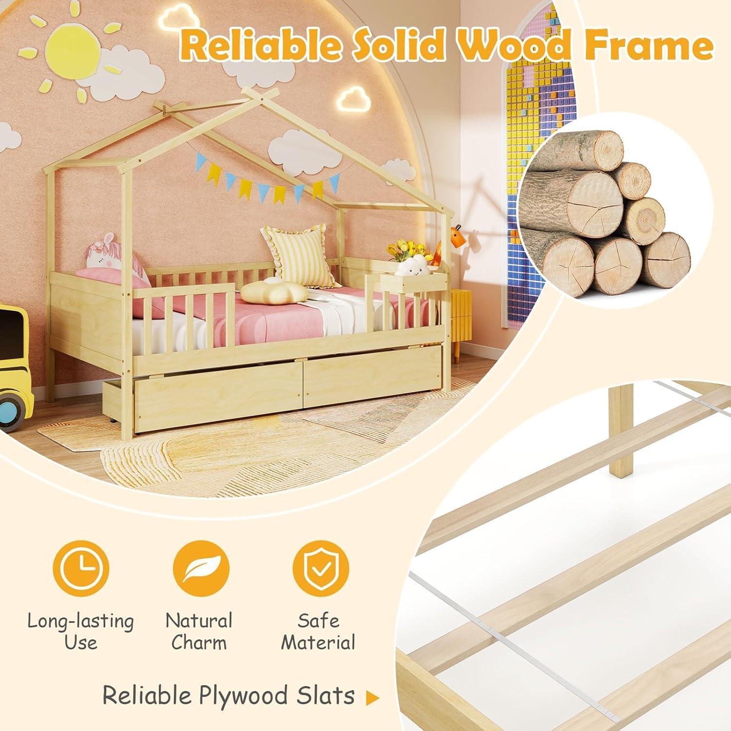 image:imageGiantex Full House Bed with Drawers Wooden Full Size Bed Frame with Cube Storage amp Fence Rails Montessori Beds for Kids Boys Girls Bedroom Living Room No Box Spring Needed NaturalNatural