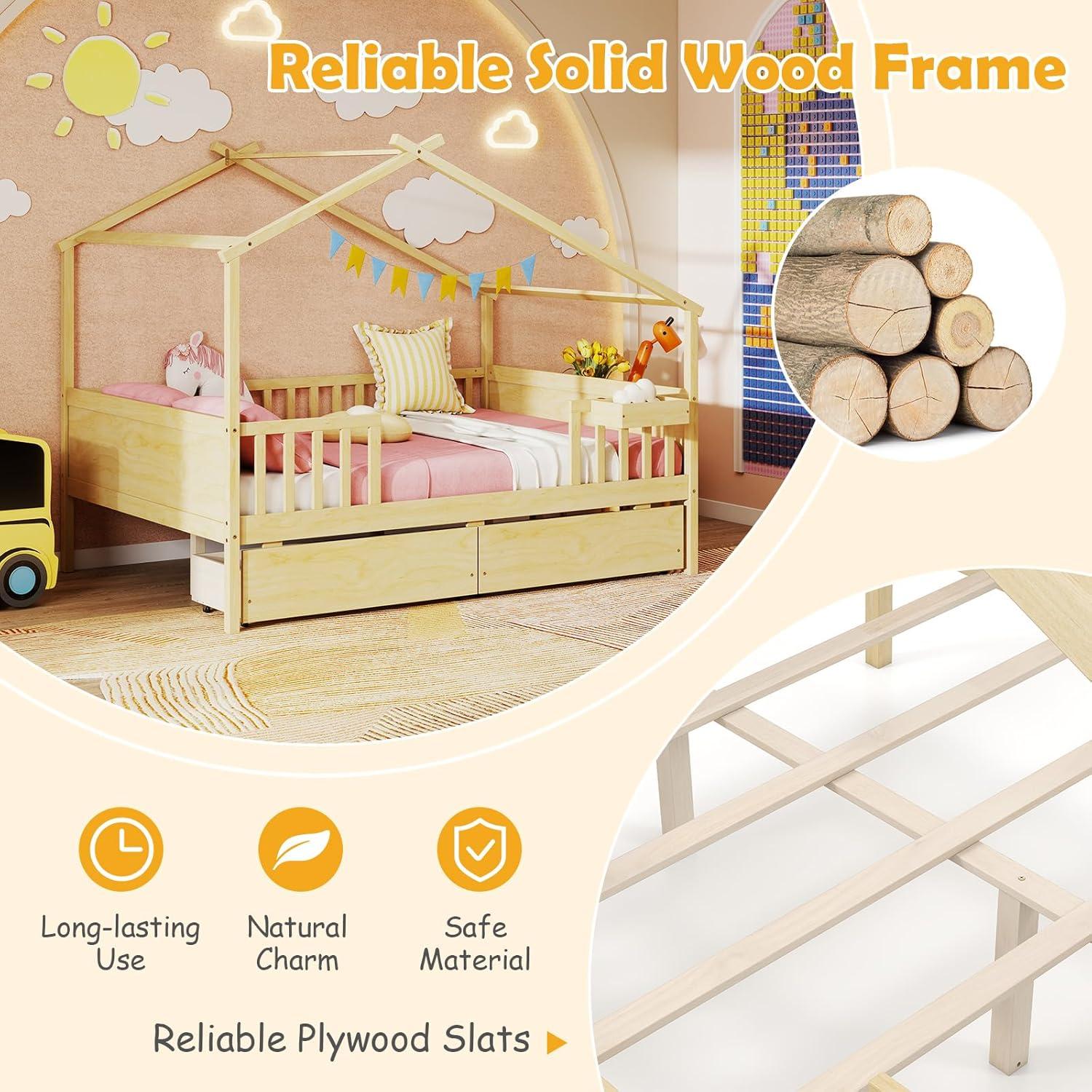 image:imageGiantex Full House Bed with Drawers Wooden Full Size Bed Frame with Cube Storage amp Fence Rails Montessori Beds for Kids Boys Girls Bedroom Living Room No Box Spring Needed NaturalNatural