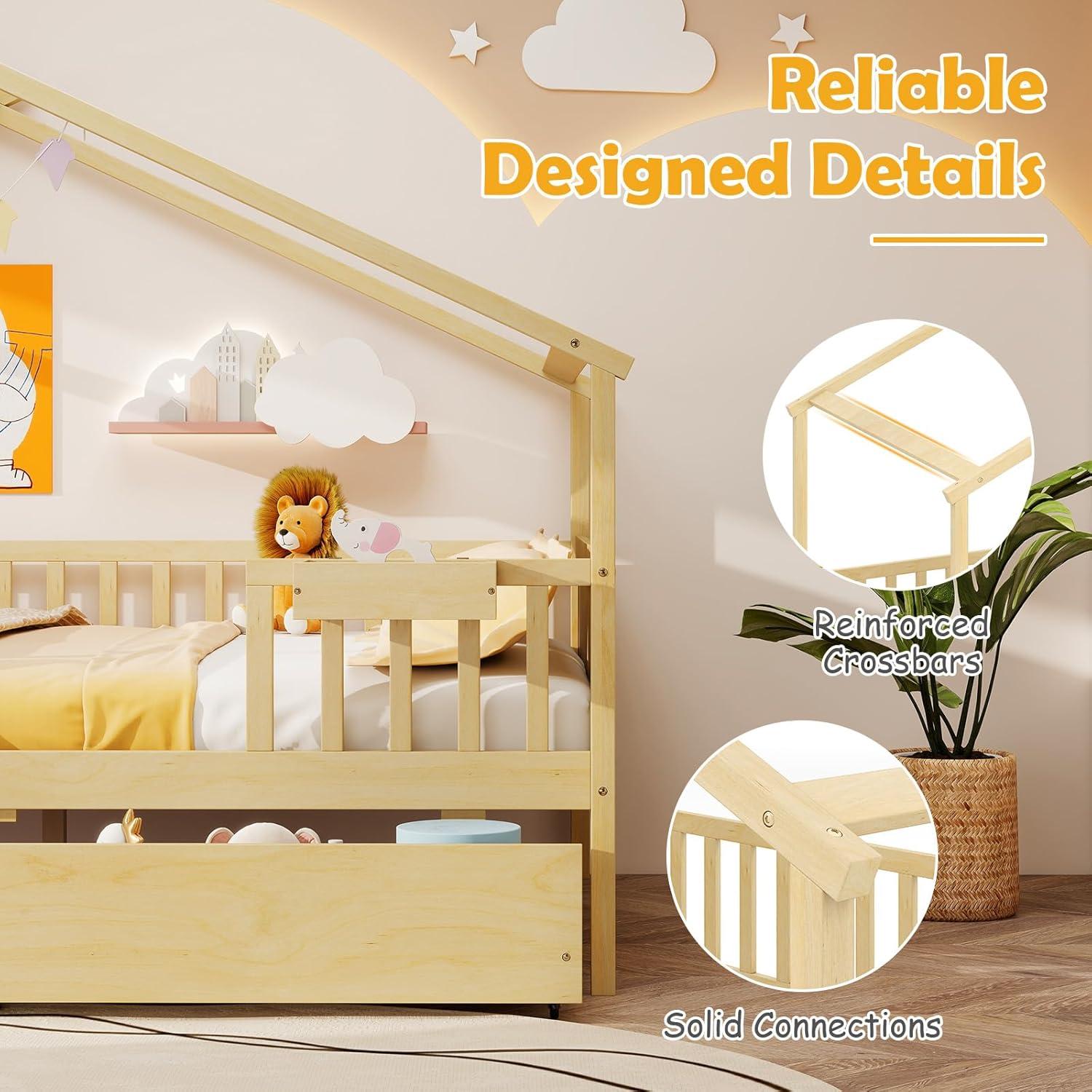 image:imageGiantex Full House Bed with Drawers Wooden Full Size Bed Frame with Cube Storage amp Fence Rails Montessori Beds for Kids Boys Girls Bedroom Living Room No Box Spring Needed NaturalNatural