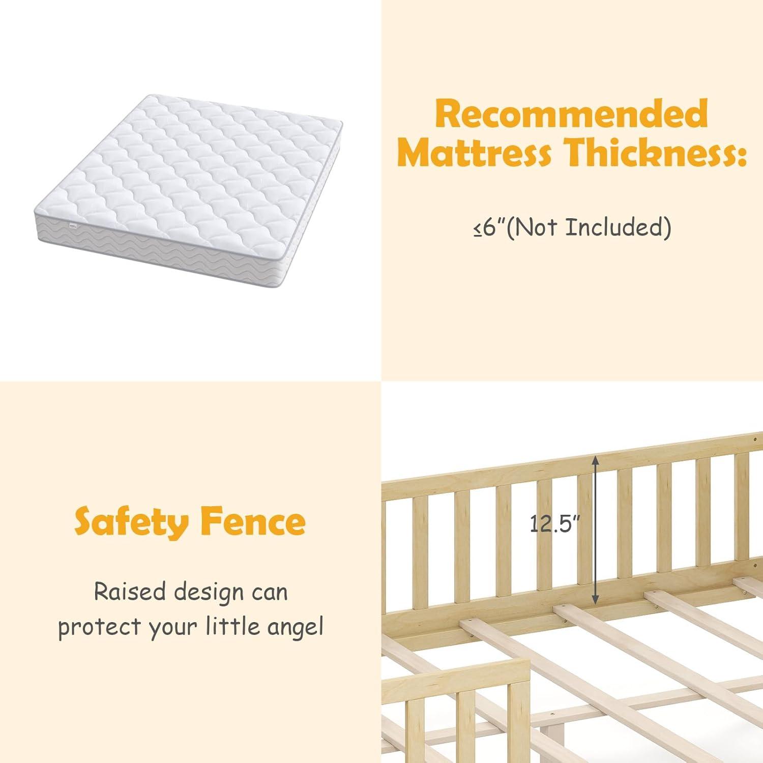 image:imageGiantex Full House Bed with Drawers Wooden Full Size Bed Frame with Cube Storage amp Fence Rails Montessori Beds for Kids Boys Girls Bedroom Living Room No Box Spring Needed NaturalNatural