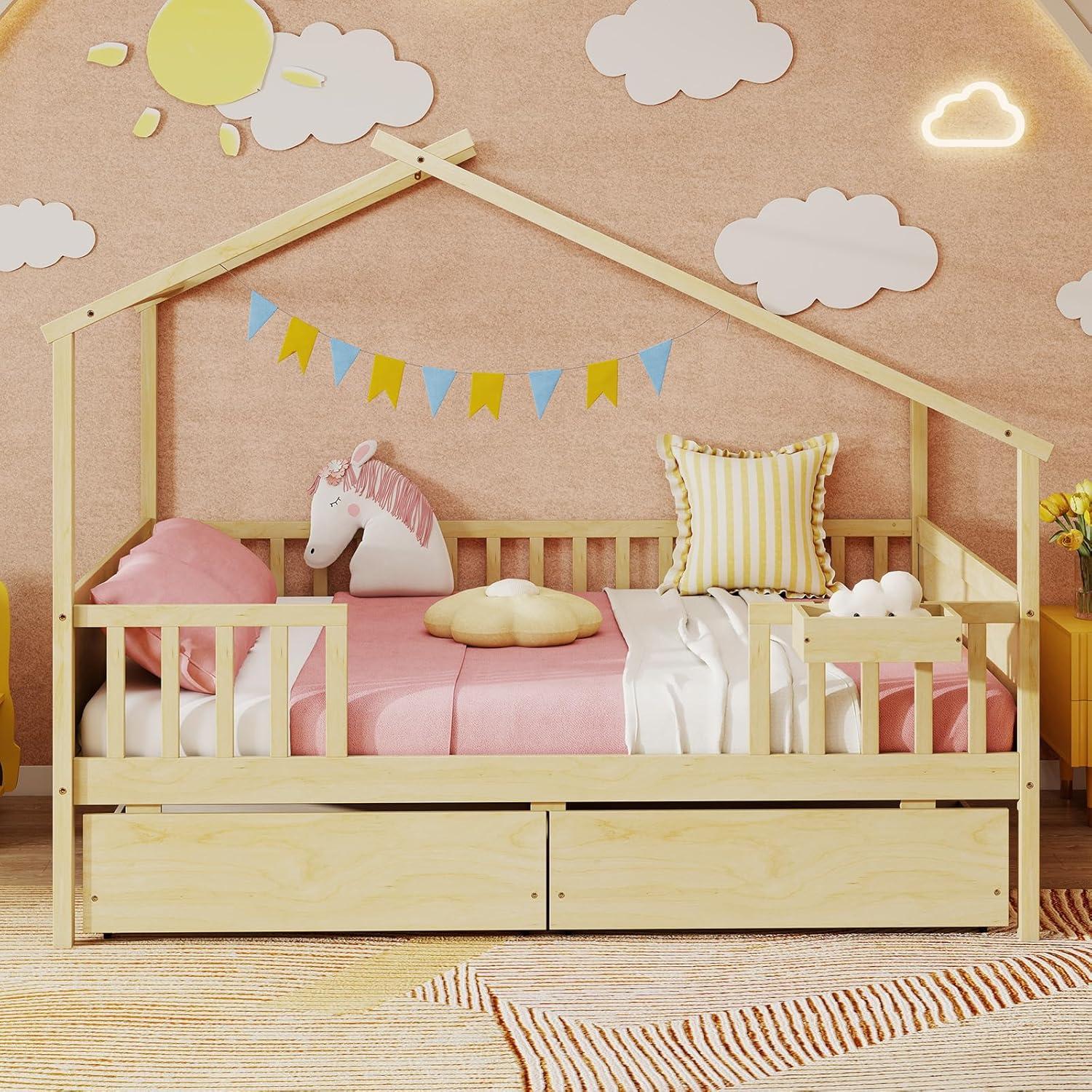 image:imageGiantex Full House Bed with Drawers Wooden Full Size Bed Frame with Cube Storage amp Fence Rails Montessori Beds for Kids Boys Girls Bedroom Living Room No Box Spring Needed NaturalNatural