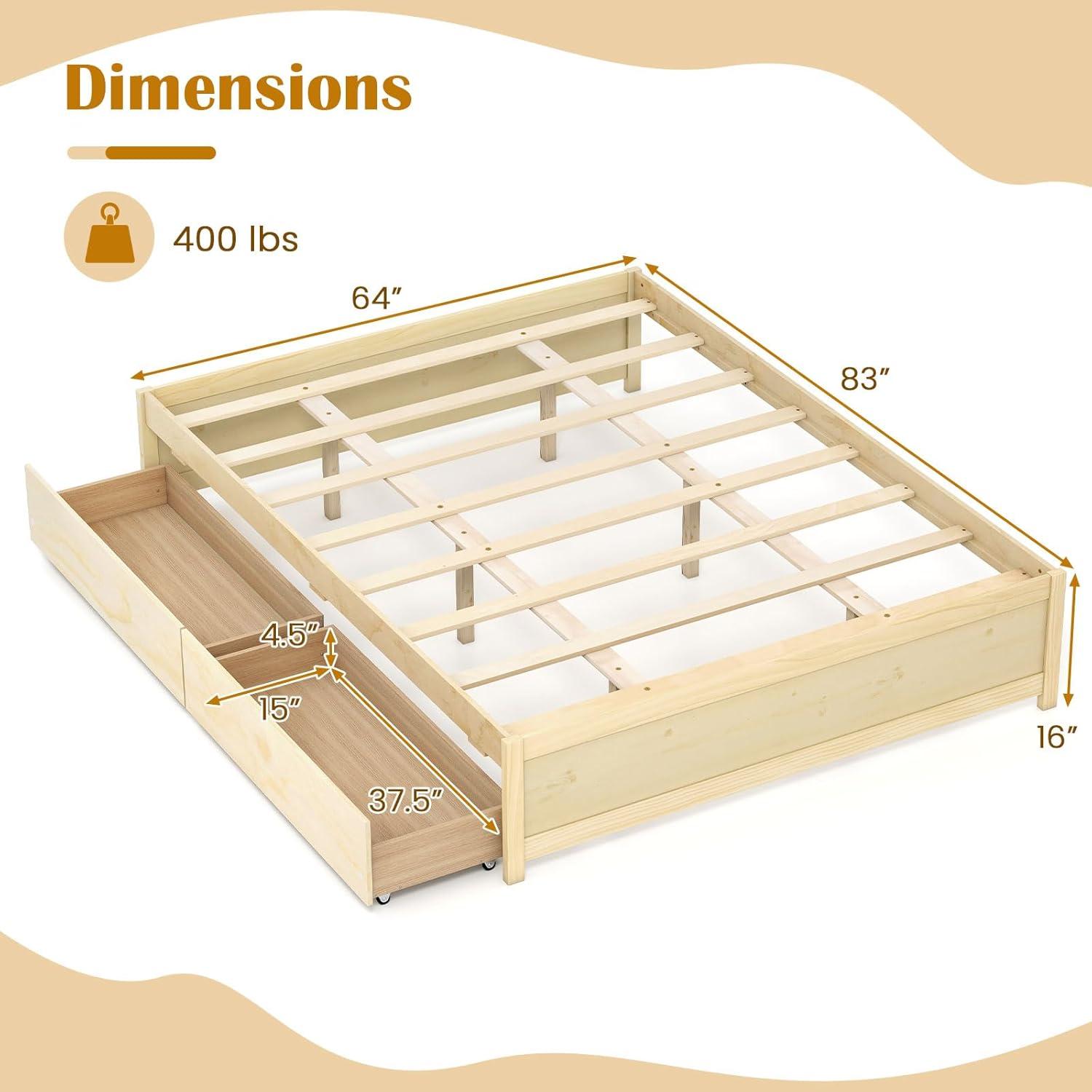 image:imageGiantex Full Size Bed Frame with 2 Storage Drawers Solid Wood Platform Bed with Slats Support Heavy Duty Daybed with Storage No Box Spring Needed Full Bed Frames for Teens Adults WhiteNatural