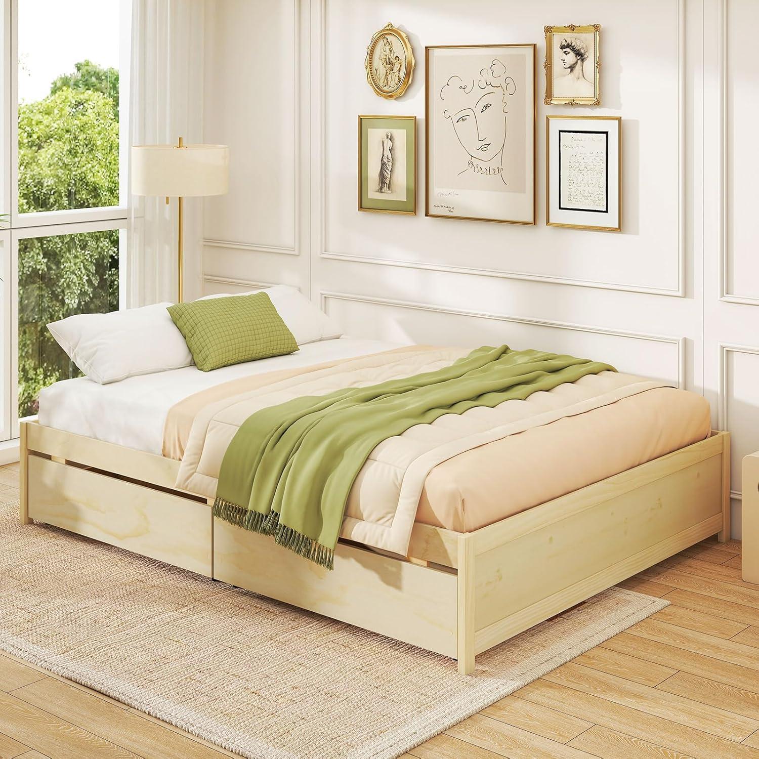 image:imageGiantex Full Size Bed Frame with 2 Storage Drawers Solid Wood Platform Bed with Slats Support Heavy Duty Daybed with Storage No Box Spring Needed Full Bed Frames for Teens Adults WhiteNatural