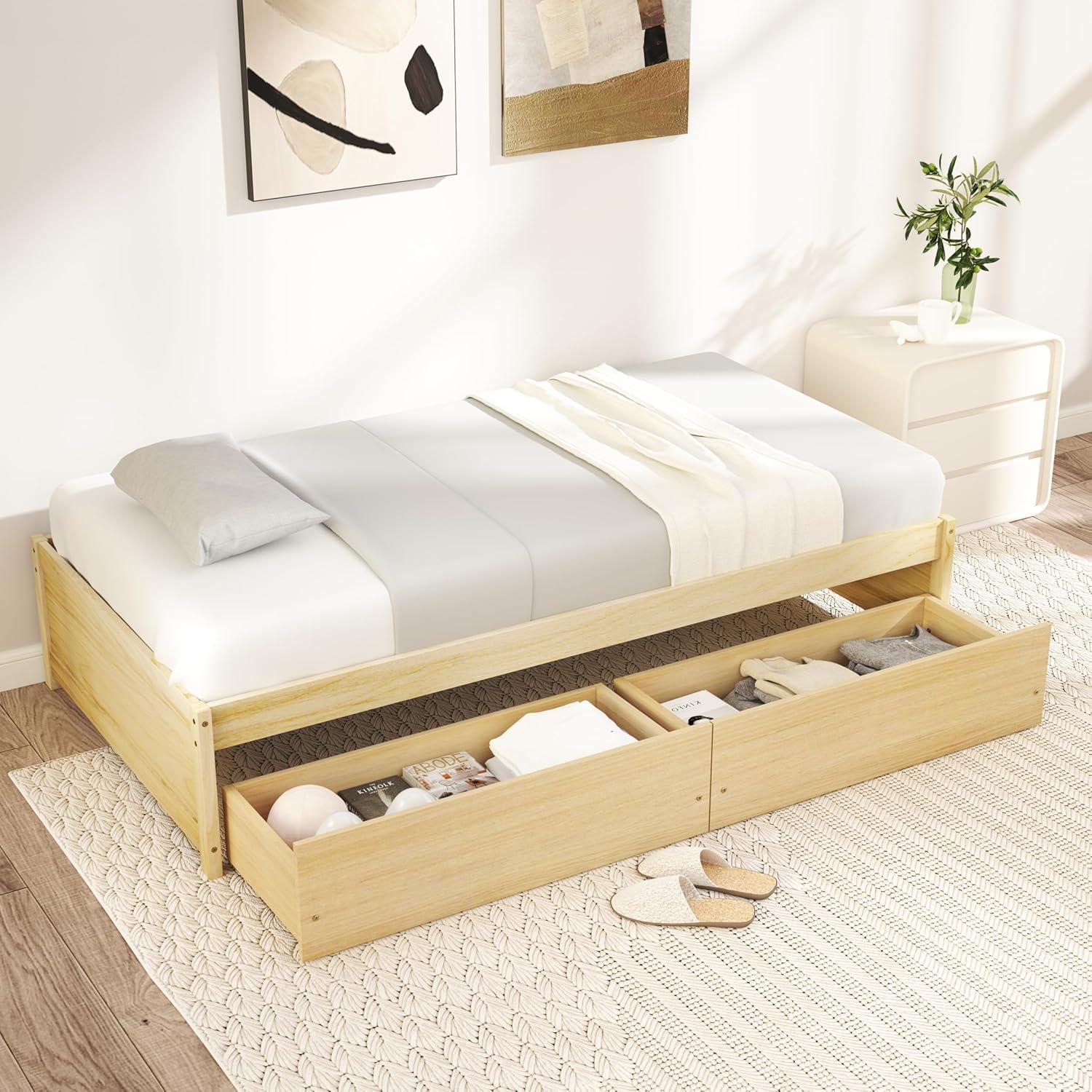 image:imageGiantex Full Size Bed Frame with 2 Storage Drawers Solid Wood Platform Bed with Slats Support Heavy Duty Daybed with Storage No Box Spring Needed Full Bed Frames for Teens Adults WhiteNatural