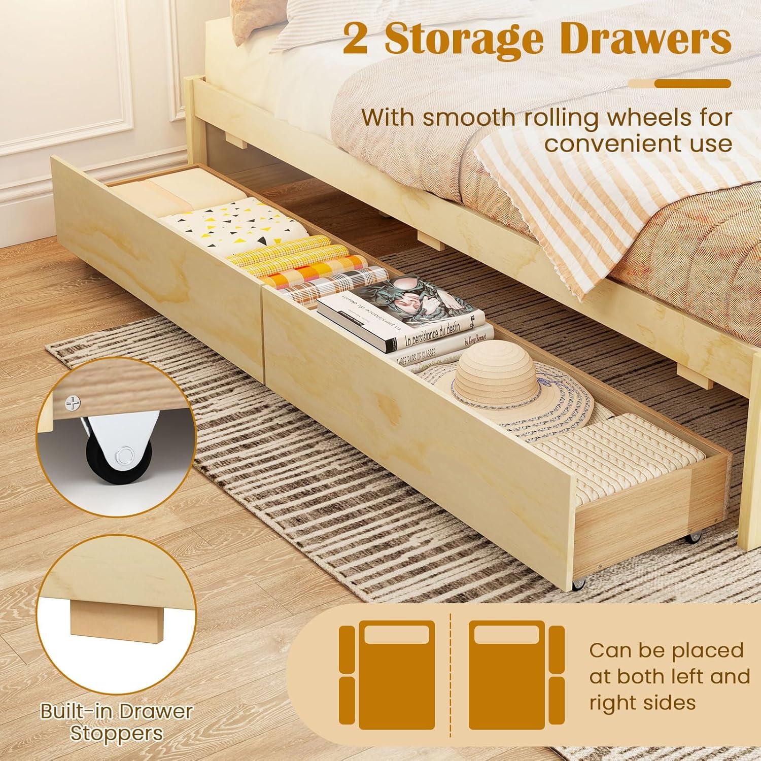 image:imageGiantex Full Size Bed Frame with 2 Storage Drawers Solid Wood Platform Bed with Slats Support Heavy Duty Daybed with Storage No Box Spring Needed Full Bed Frames for Teens Adults WhiteNatural