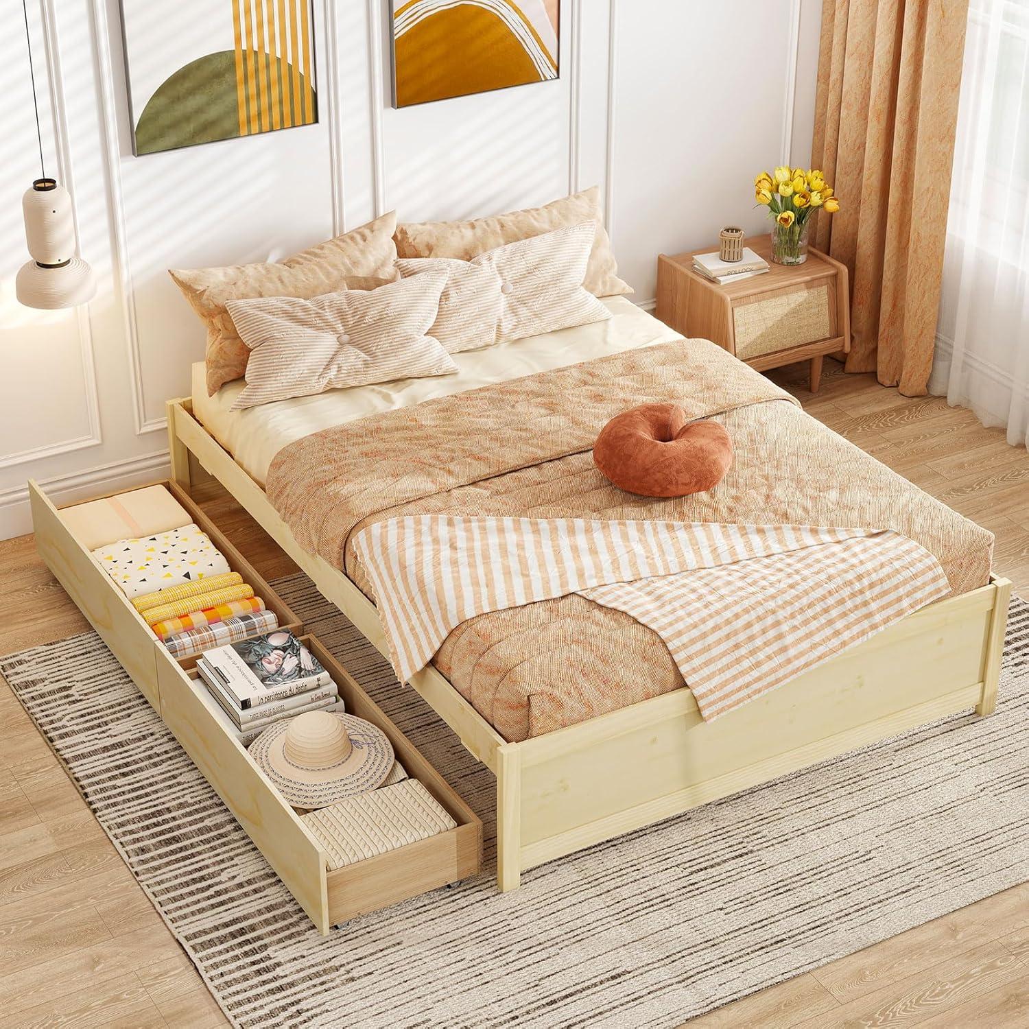 image:imageGiantex Full Size Bed Frame with 2 Storage Drawers Solid Wood Platform Bed with Slats Support Heavy Duty Daybed with Storage No Box Spring Needed Full Bed Frames for Teens Adults WhiteNatural
