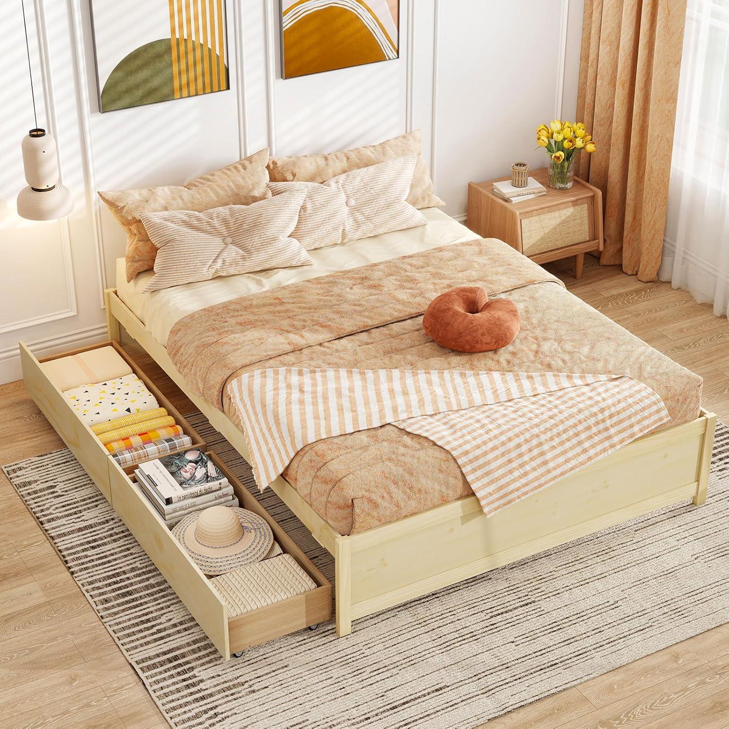 image:imageGiantex Full Size Bed Frame with 2 Storage Drawers Solid Wood Platform Bed with Slats Support Heavy Duty Daybed with Storage No Box Spring Needed Full Bed Frames for Teens Adults WhiteNatural