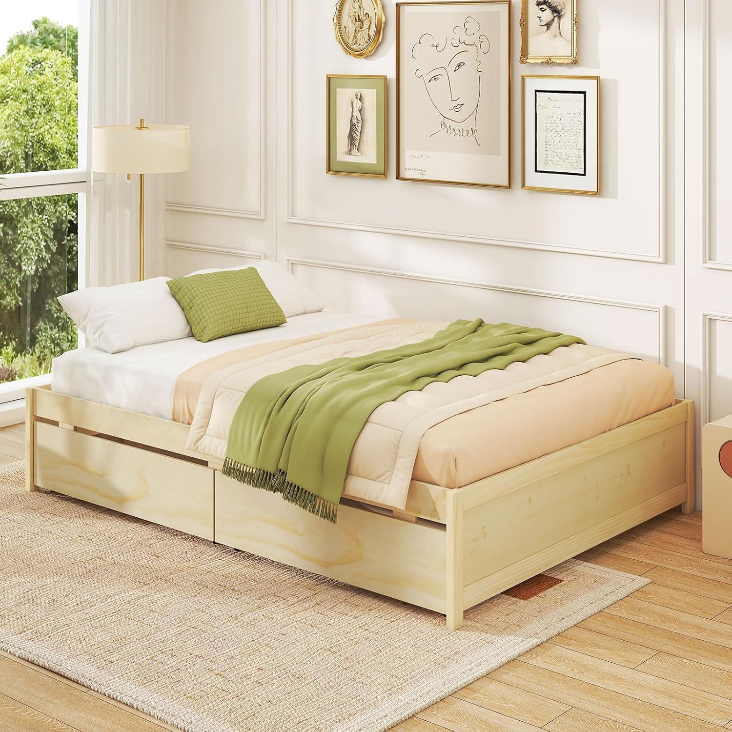 image:imageGiantex Full Size Bed Frame with 2 Storage Drawers Solid Wood Platform Bed with Slats Support Heavy Duty Daybed with Storage No Box Spring Needed Full Bed Frames for Teens Adults WhiteNatural