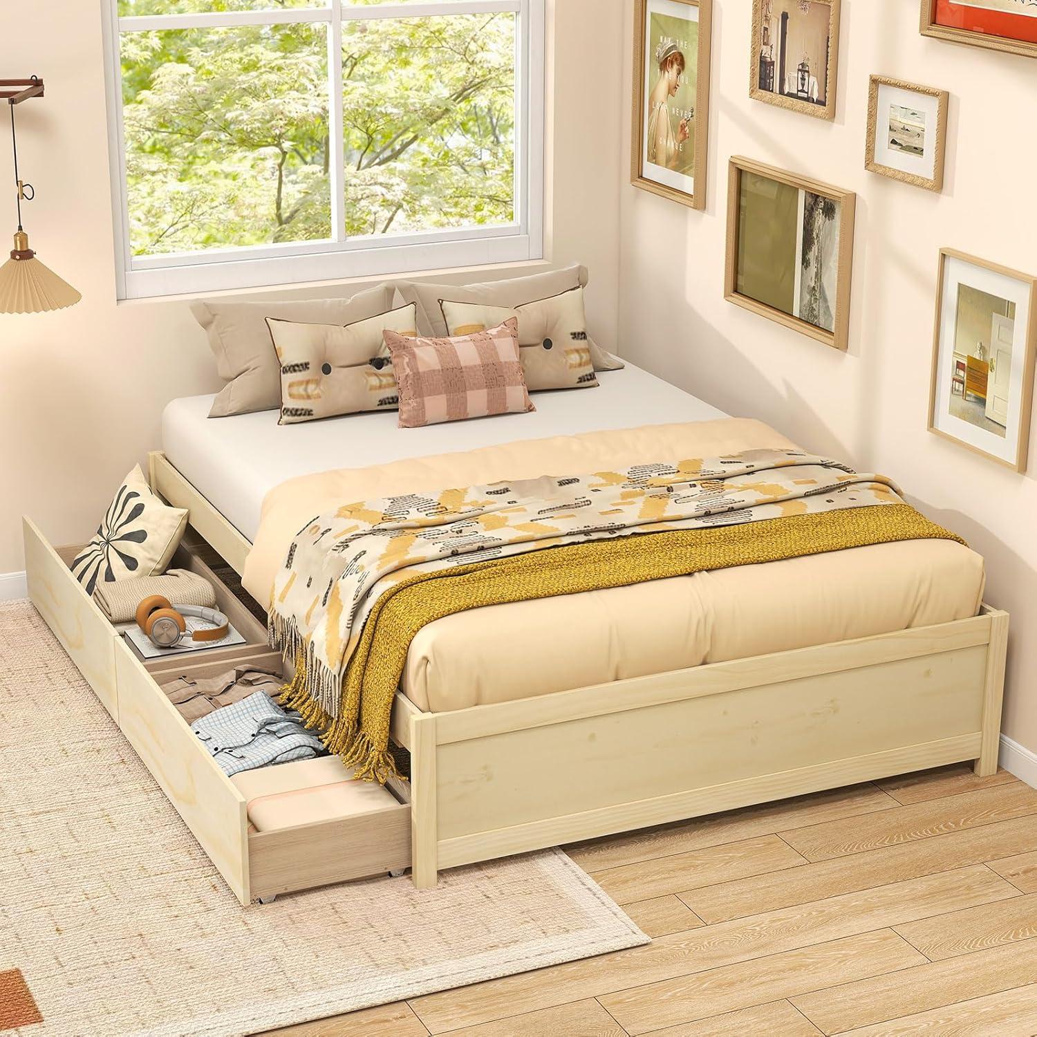 image:imageGiantex Full Size Bed Frame with 2 Storage Drawers Solid Wood Platform Bed with Slats Support Heavy Duty Daybed with Storage No Box Spring Needed Full Bed Frames for Teens Adults WhiteNatural