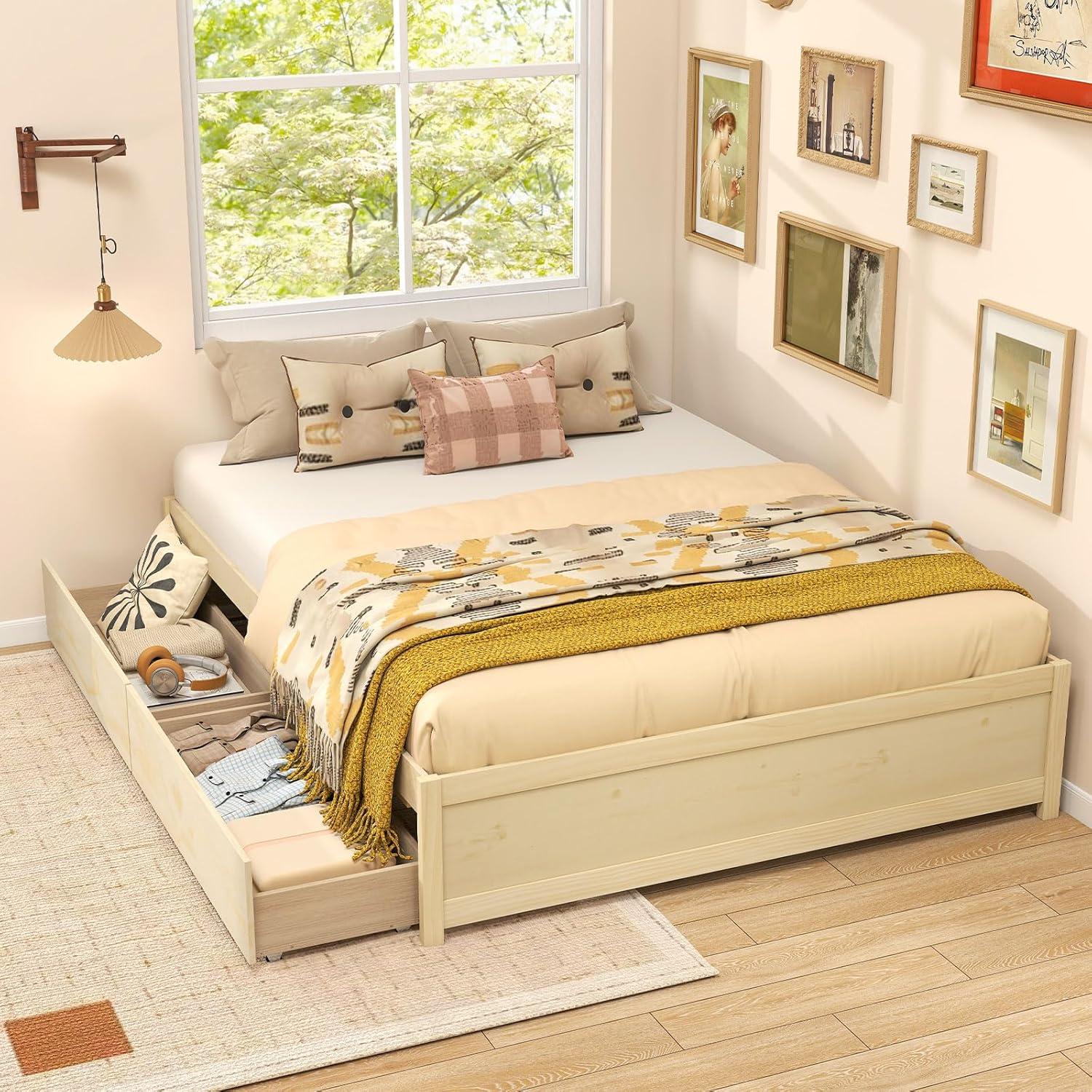 image:imageGiantex Full Size Bed Frame with 2 Storage Drawers Solid Wood Platform Bed with Slats Support Heavy Duty Daybed with Storage No Box Spring Needed Full Bed Frames for Teens Adults WhiteNatural