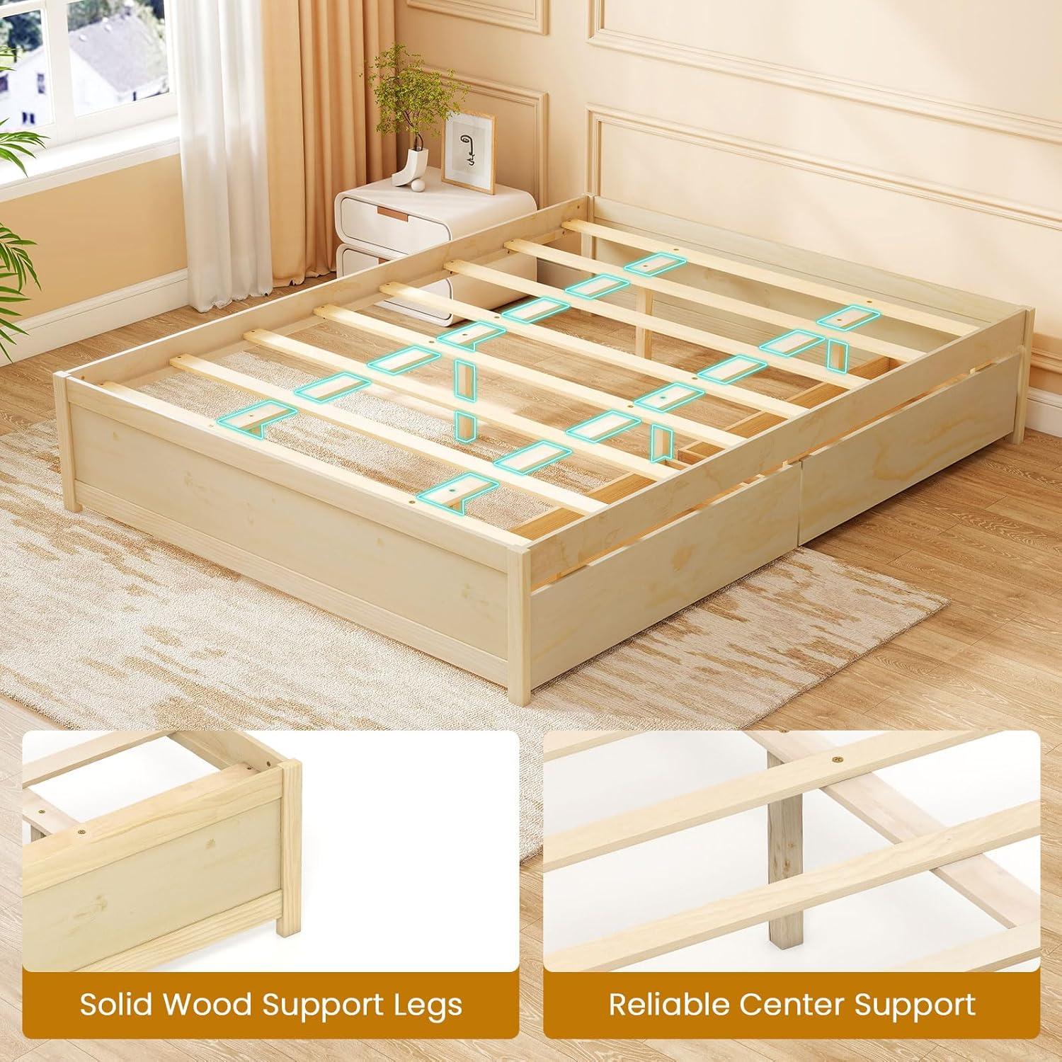 image:imageGiantex Full Size Bed Frame with 2 Storage Drawers Solid Wood Platform Bed with Slats Support Heavy Duty Daybed with Storage No Box Spring Needed Full Bed Frames for Teens Adults WhiteNatural
