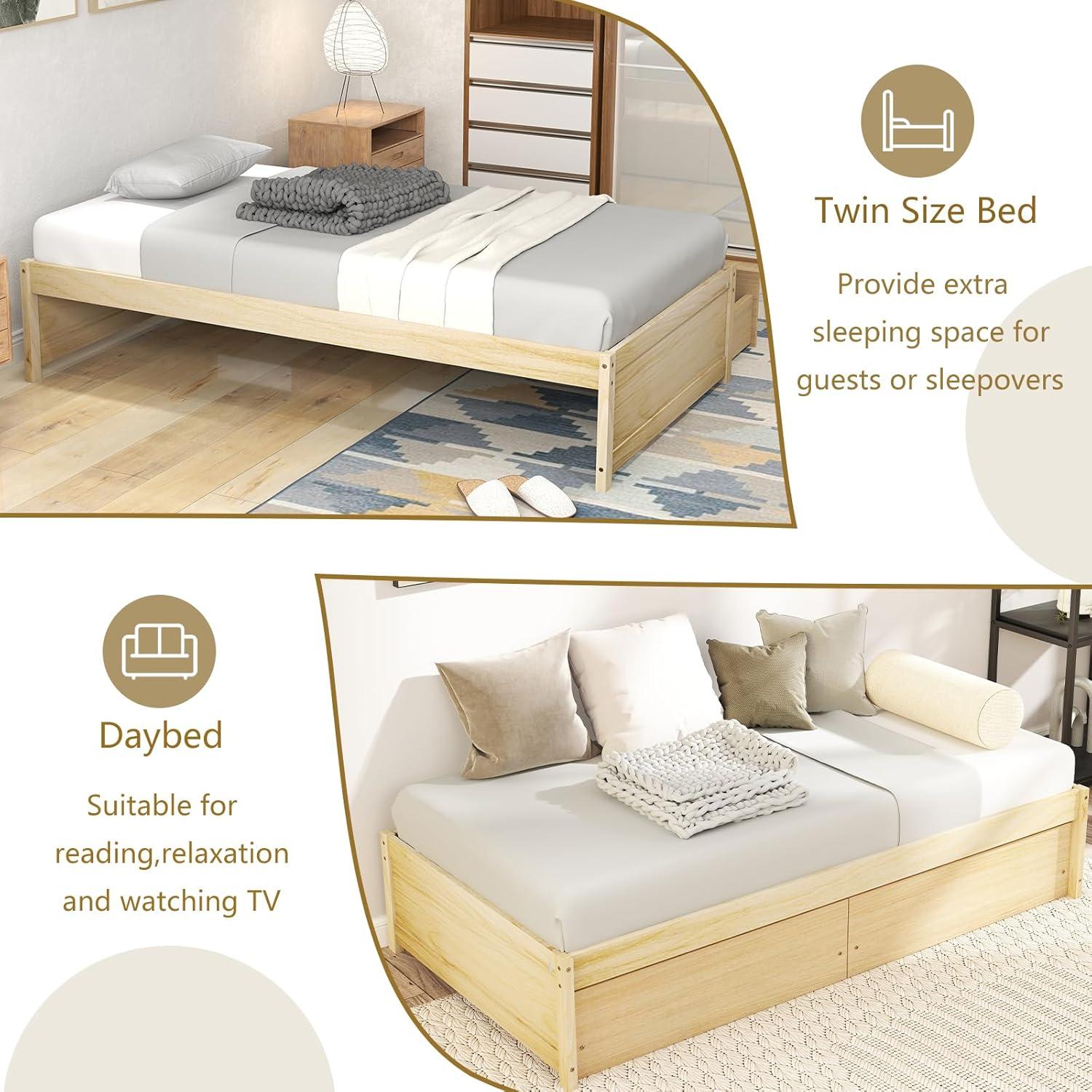 image:imageGiantex Full Size Bed Frame with 2 Storage Drawers Solid Wood Platform Bed with Slats Support Heavy Duty Daybed with Storage No Box Spring Needed Full Bed Frames for Teens Adults WhiteNatural