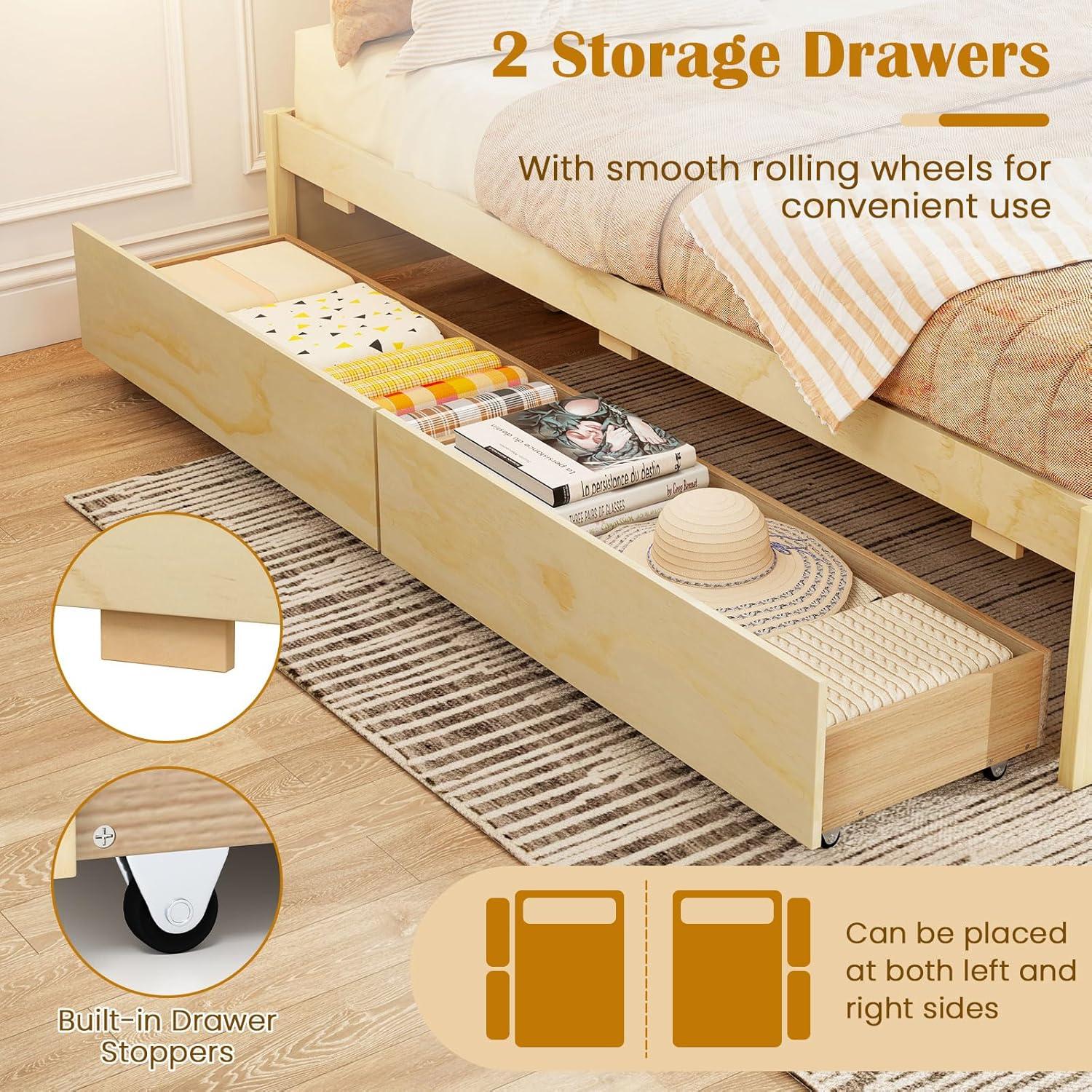 image:imageGiantex Full Size Bed Frame with 2 Storage Drawers Solid Wood Platform Bed with Slats Support Heavy Duty Daybed with Storage No Box Spring Needed Full Bed Frames for Teens Adults WhiteNatural