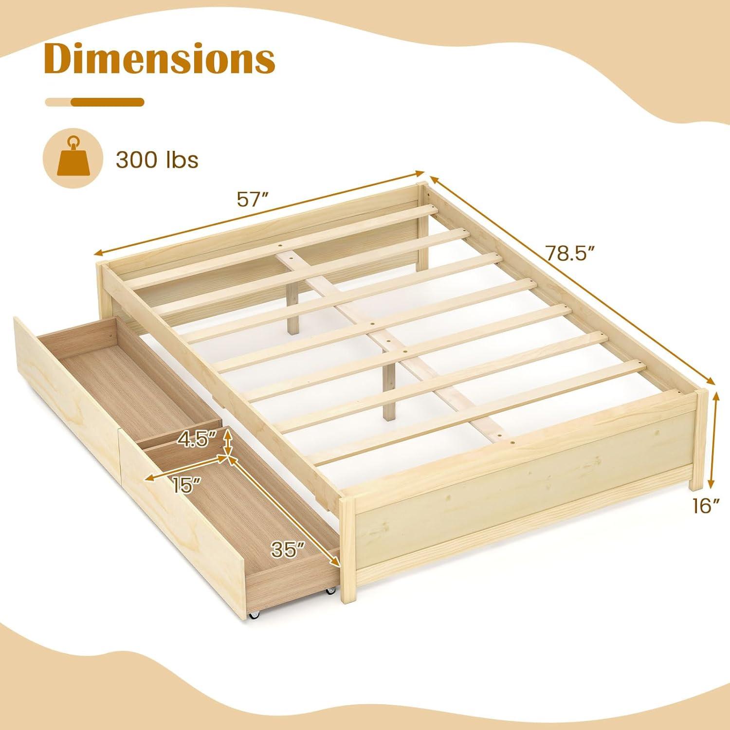 image:imageGiantex Full Size Bed Frame with 2 Storage Drawers Solid Wood Platform Bed with Slats Support Heavy Duty Daybed with Storage No Box Spring Needed Full Bed Frames for Teens Adults WhiteNatural