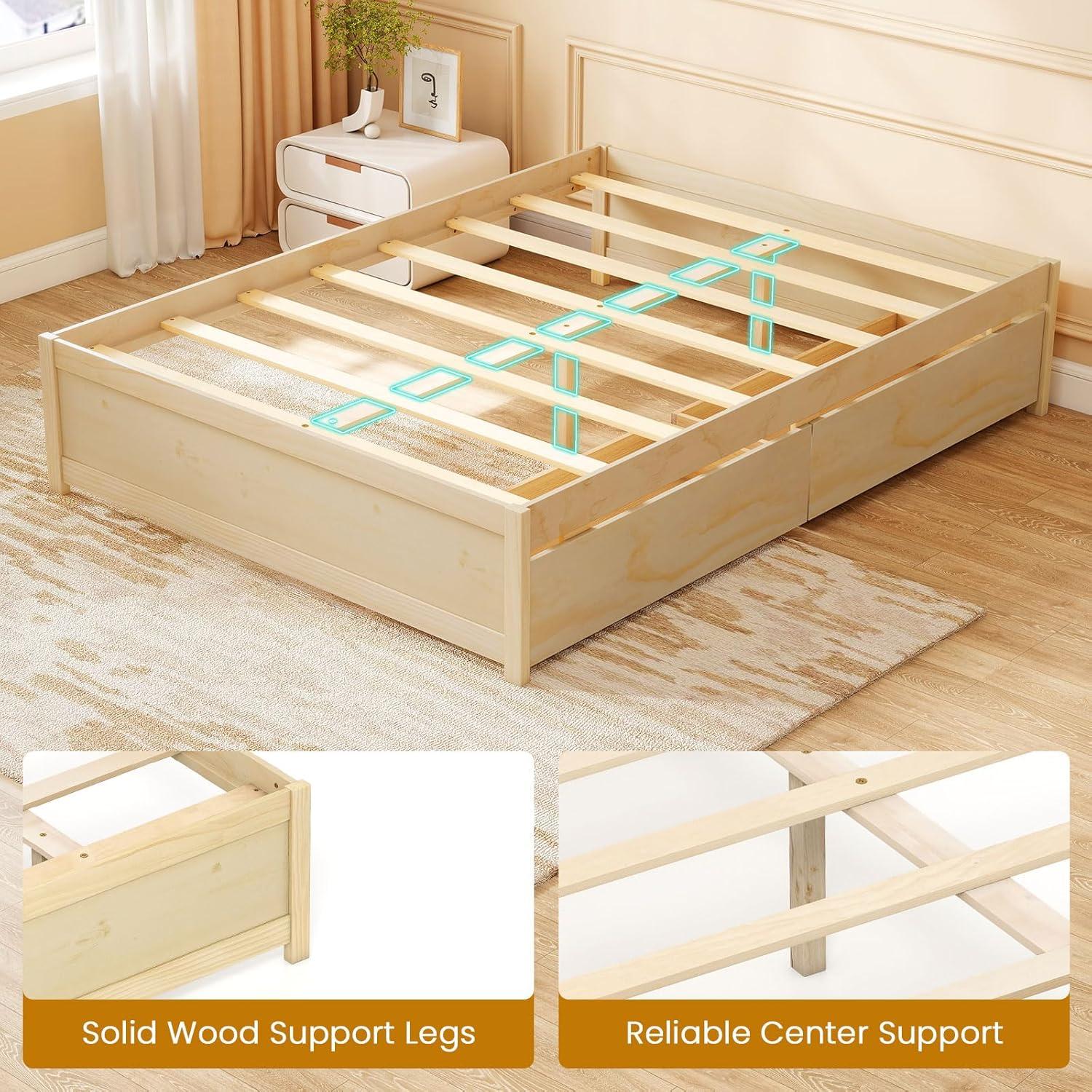 image:imageGiantex Full Size Bed Frame with 2 Storage Drawers Solid Wood Platform Bed with Slats Support Heavy Duty Daybed with Storage No Box Spring Needed Full Bed Frames for Teens Adults WhiteNatural