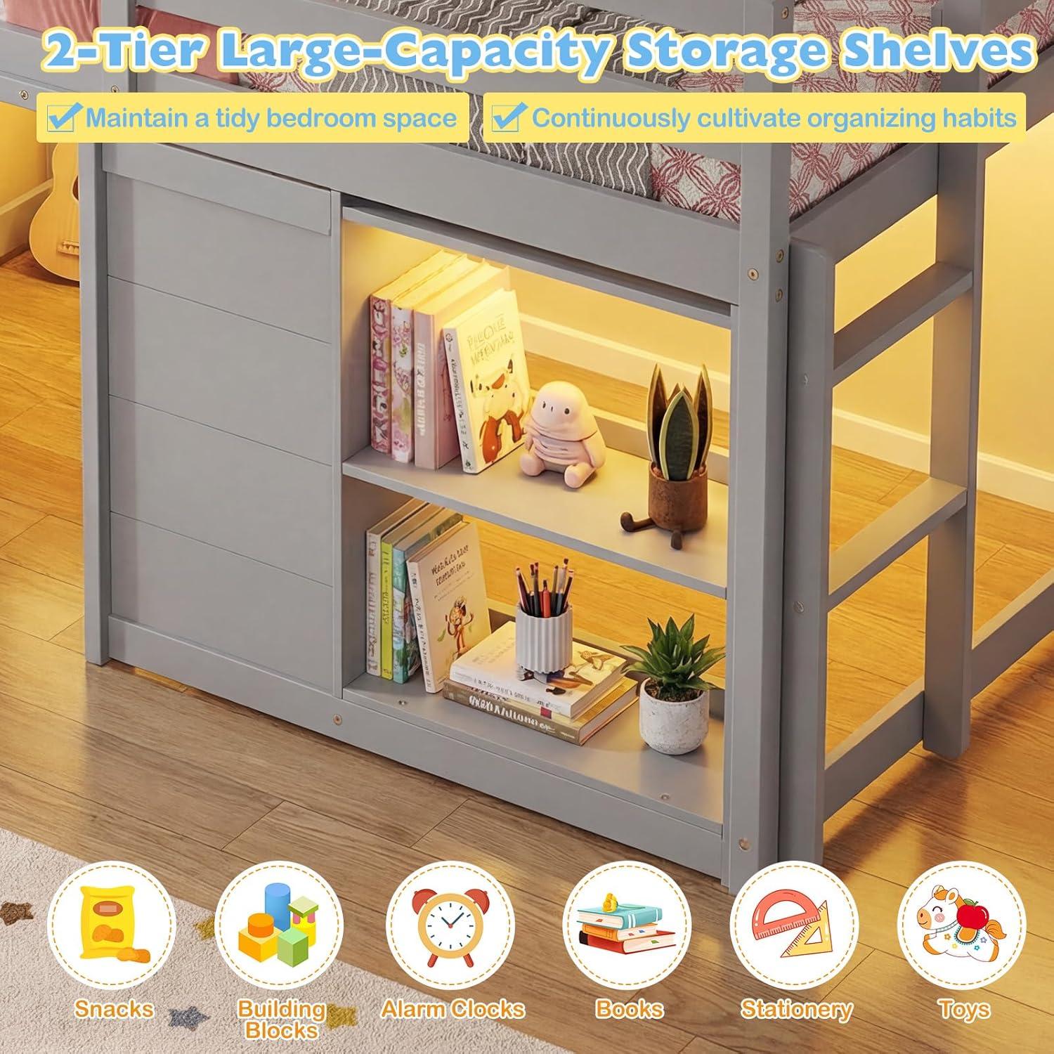 image:imageGiantex Loft Bed Twin Size with LED Lights Wooden Low Bed Frames for Kids w2 Doors UnderBed Play Space amp Storage Bookcase Modern Bedframe with Ladder amp Safety Guardrail for Boys Girls GreyGrey