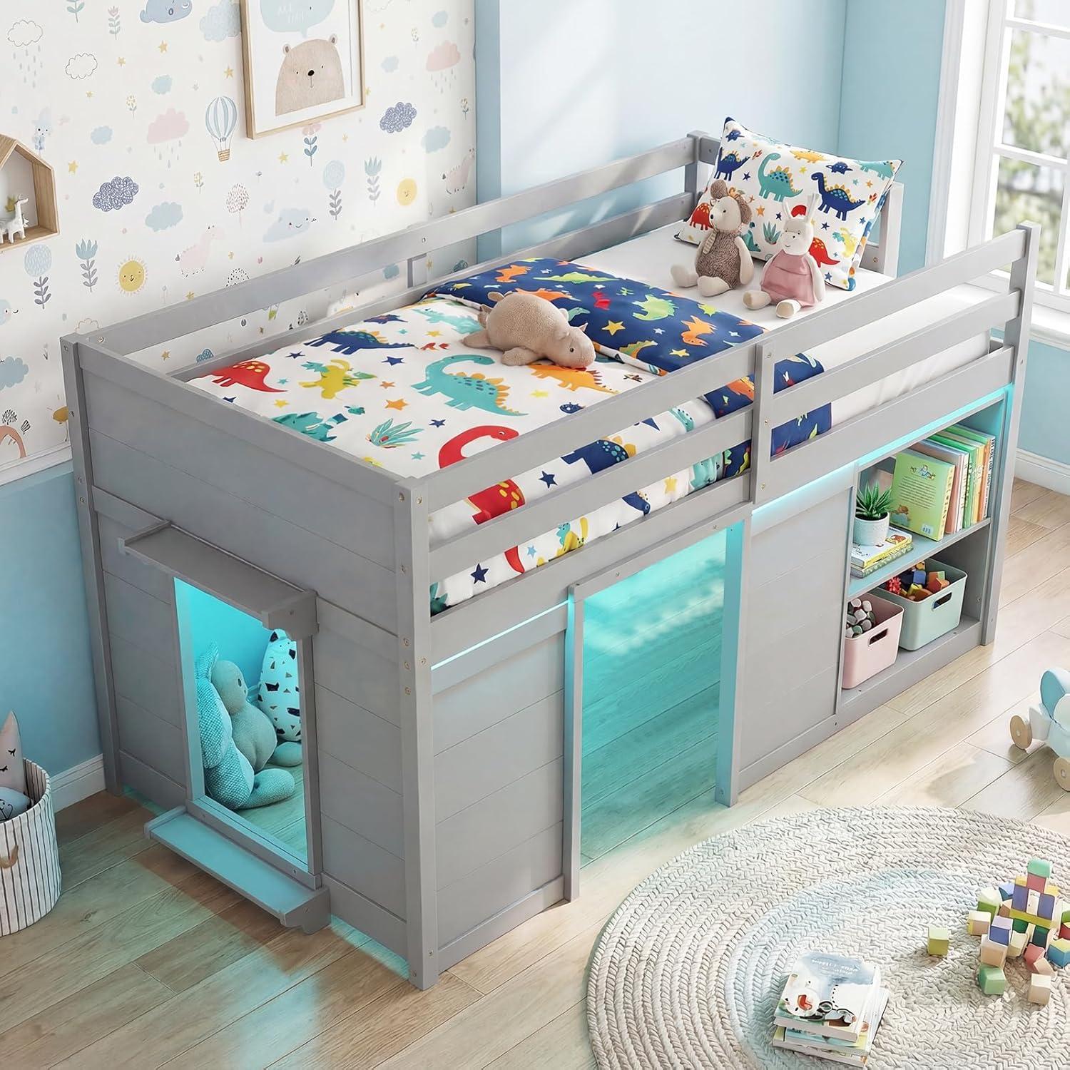 image:imageGiantex Loft Bed Twin Size with LED Lights Wooden Low Bed Frames for Kids w2 Doors UnderBed Play Space amp Storage Bookcase Modern Bedframe with Ladder amp Safety Guardrail for Boys Girls GreyGrey