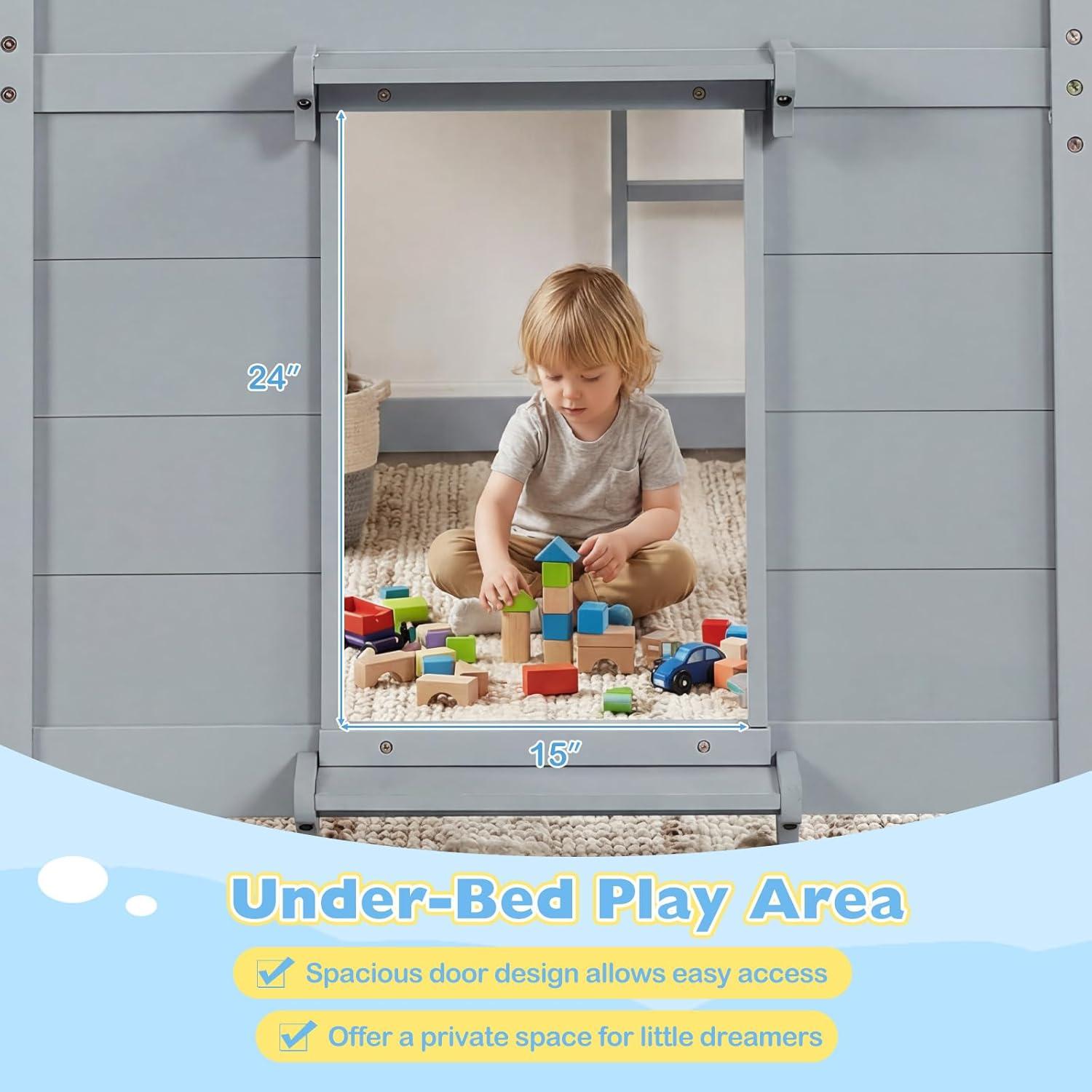 image:imageGiantex Loft Bed Twin Size with LED Lights Wooden Low Bed Frames for Kids w2 Doors UnderBed Play Space amp Storage Bookcase Modern Bedframe with Ladder amp Safety Guardrail for Boys Girls GreyGrey