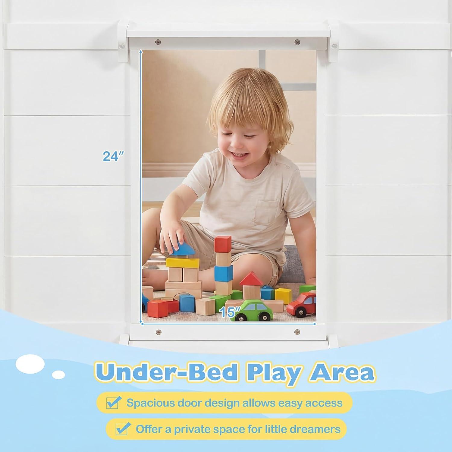 image:imageGiantex Loft Bed Twin Size with LED Lights Wooden Low Bed Frames for Kids w2 Doors UnderBed Play Space amp Storage Bookcase Modern Bedframe with Ladder amp Safety Guardrail for Boys Girls GreyWhite
