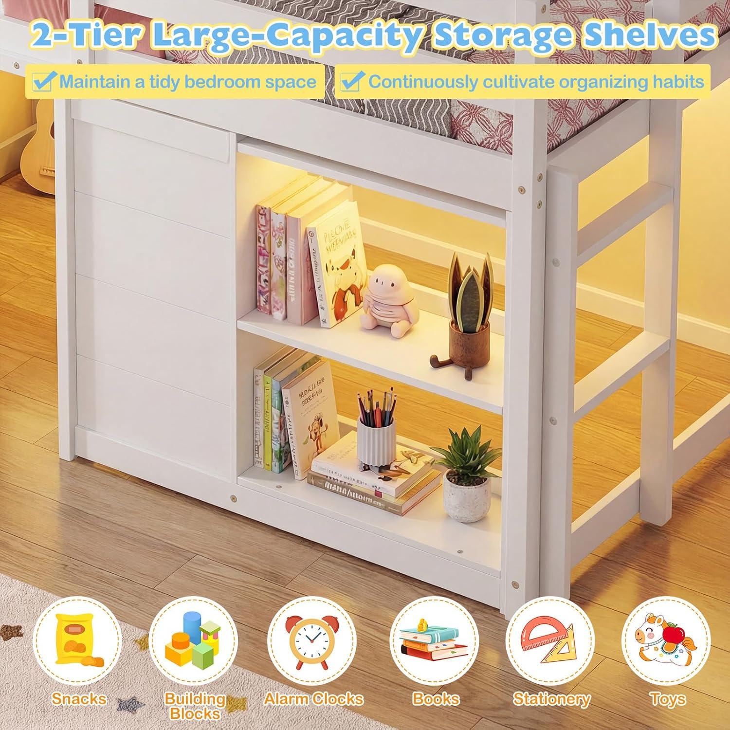 image:imageGiantex Loft Bed Twin Size with LED Lights Wooden Low Bed Frames for Kids w2 Doors UnderBed Play Space amp Storage Bookcase Modern Bedframe with Ladder amp Safety Guardrail for Boys Girls GreyWhite