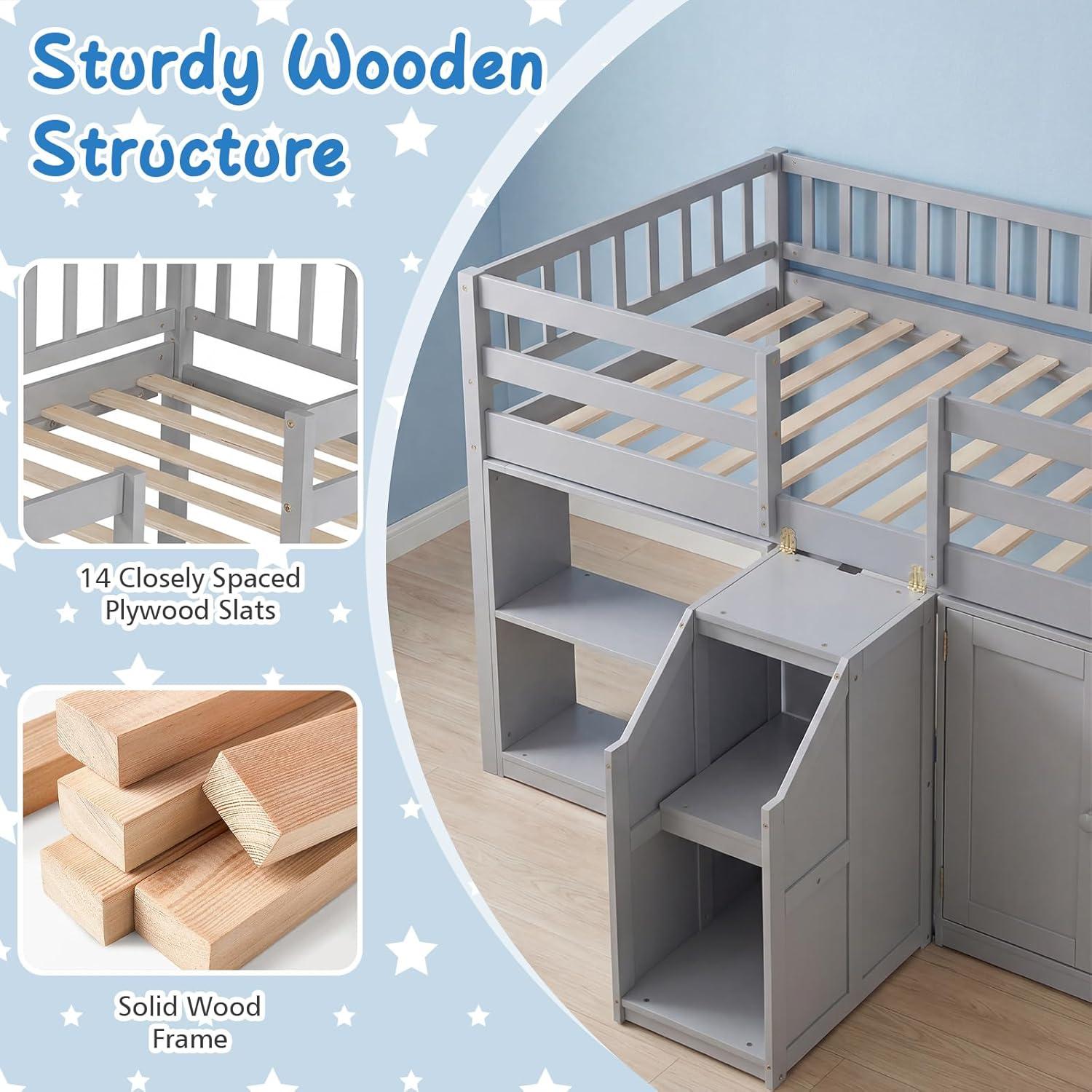 image:imageGiantex Low Loft Bed Twin Size with LED Lights Wooden Bed Frame wStairs Safety Guardrails Storage Cabinet Bookshelf amp UnderBed Play Space Modern Kids Loft Bed for Boys Girls Mint GreenGrey