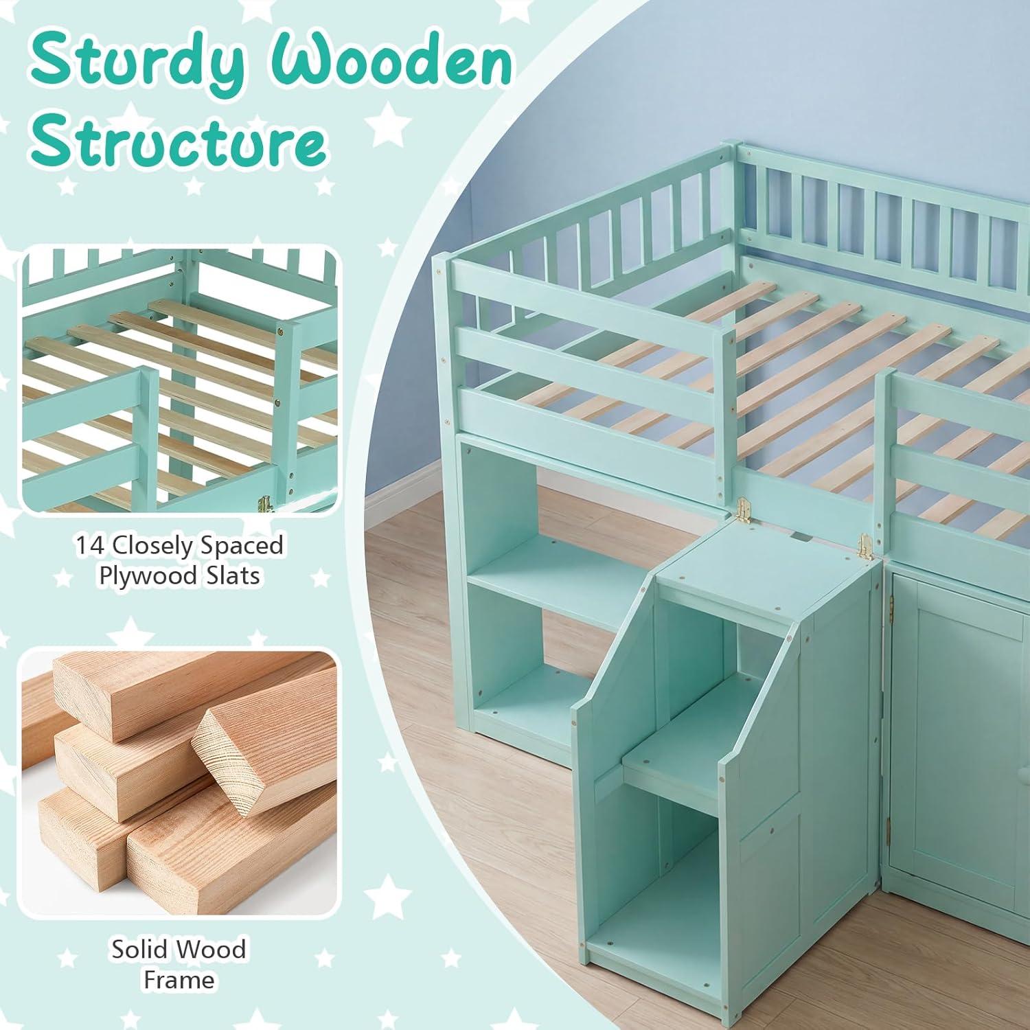 image:imageGiantex Low Loft Bed Twin Size with LED Lights Wooden Bed Frame wStairs Safety Guardrails Storage Cabinet Bookshelf amp UnderBed Play Space Modern Kids Loft Bed for Boys Girls Mint GreenMint Green