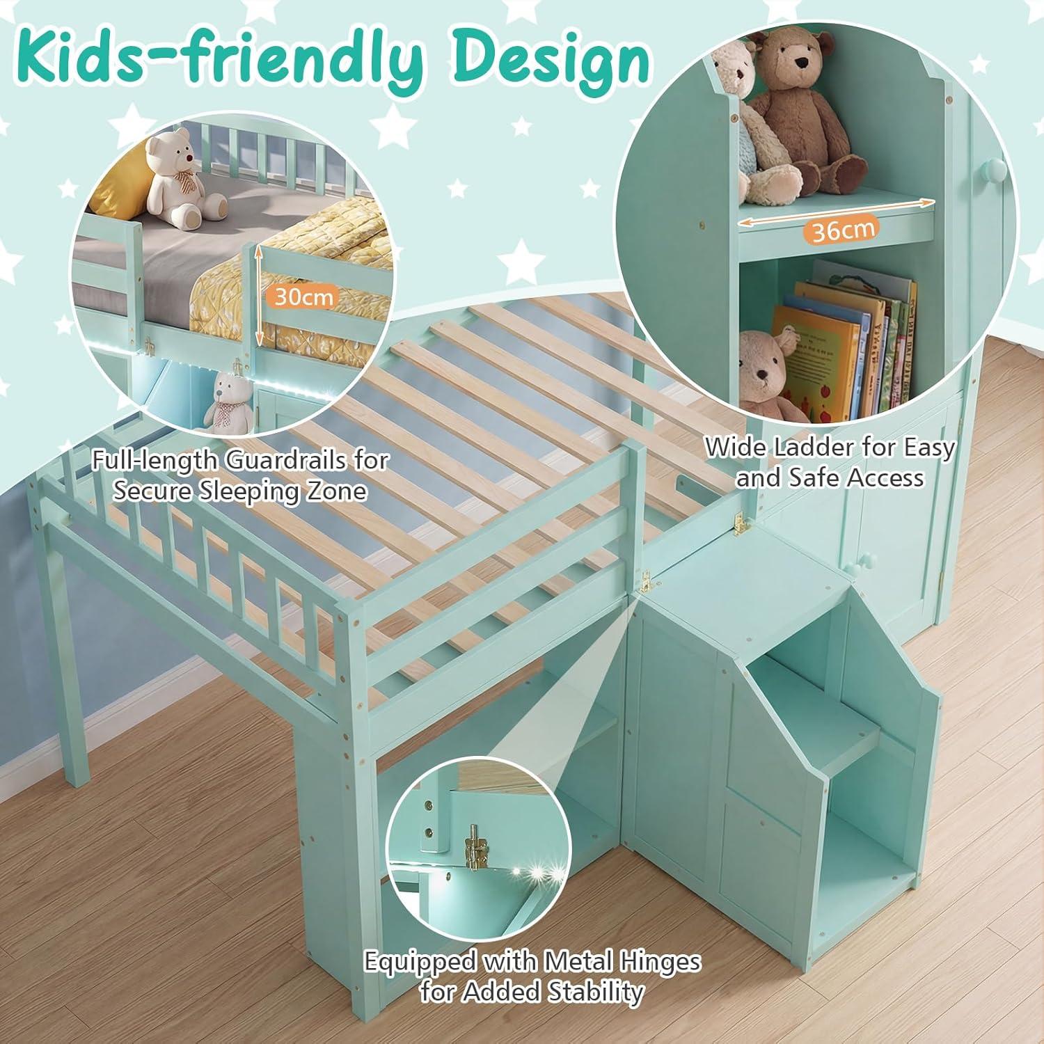 image:imageGiantex Low Loft Bed Twin Size with LED Lights Wooden Bed Frame wStairs Safety Guardrails Storage Cabinet Bookshelf amp UnderBed Play Space Modern Kids Loft Bed for Boys Girls Mint GreenMint Green