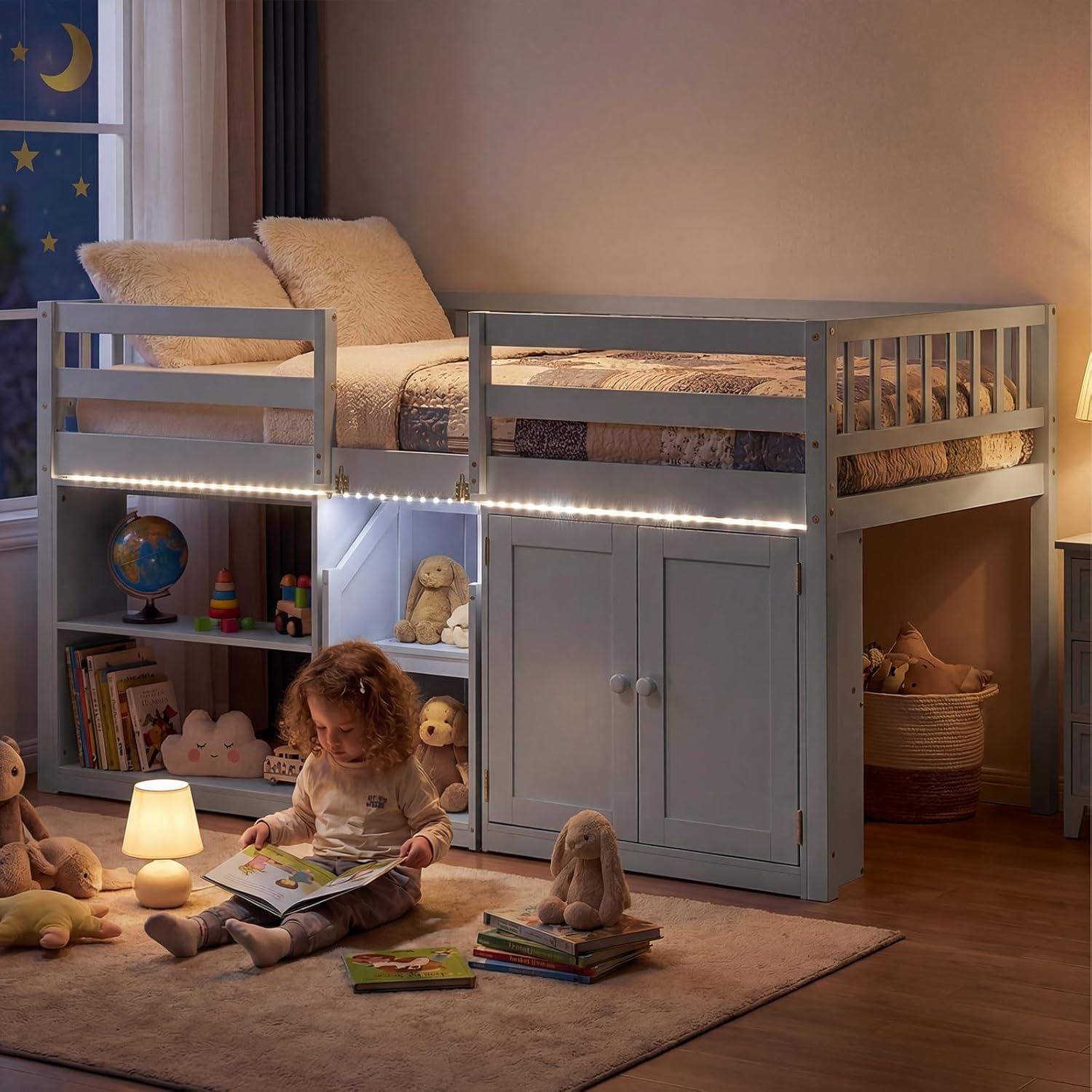 image:imageGiantex Low Loft Bed Twin Size with LED Lights Wooden Bed Frame wStairs Safety Guardrails Storage Cabinet Bookshelf amp UnderBed Play Space Modern Kids Loft Bed for Boys Girls Mint GreenGrey