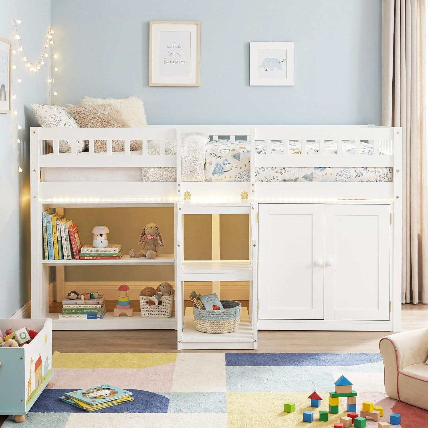 image:imageGiantex Low Loft Bed Twin Size with LED Lights Wooden Bed Frame wStairs Safety Guardrails Storage Cabinet Bookshelf amp UnderBed Play Space Modern Kids Loft Bed for Boys Girls Mint GreenWhite