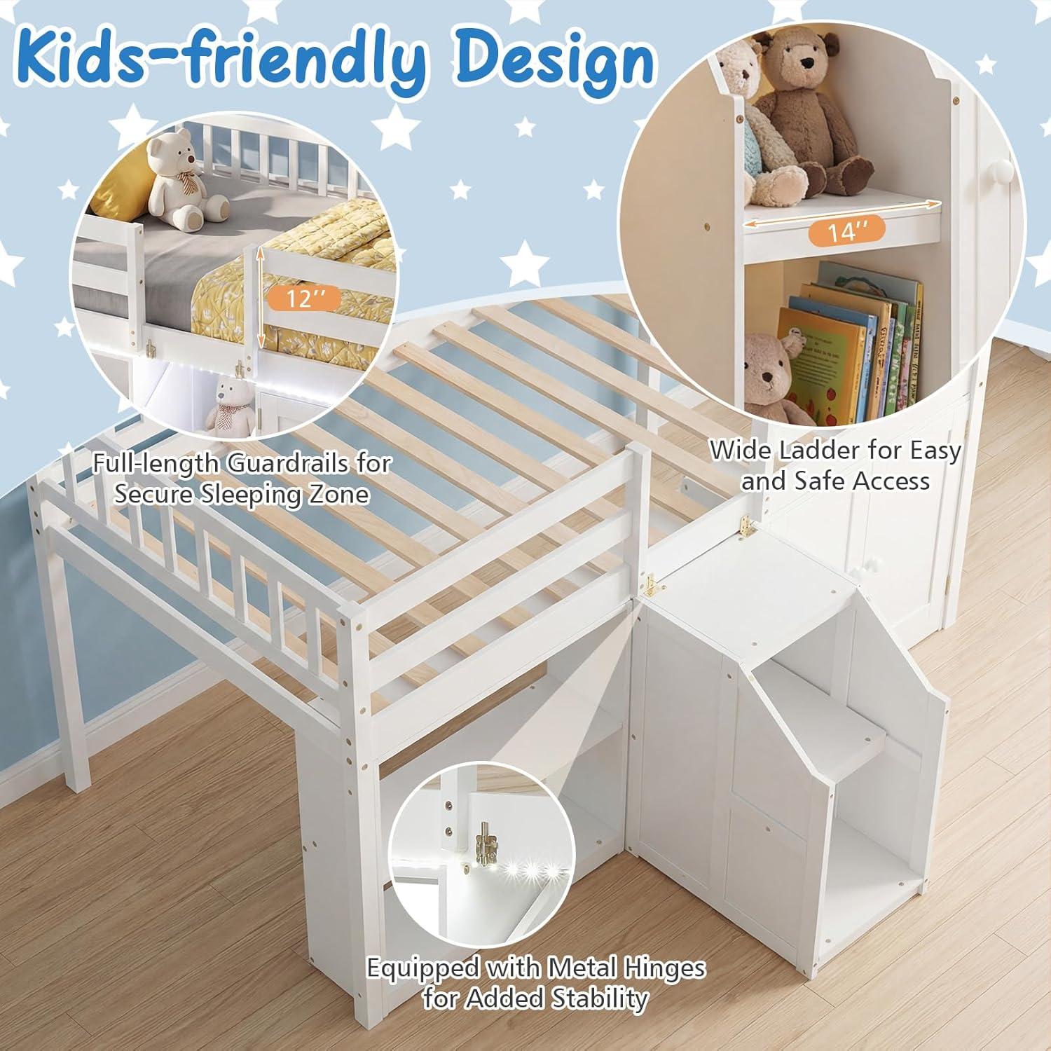 image:imageGiantex Low Loft Bed Twin Size with LED Lights Wooden Bed Frame wStairs Safety Guardrails Storage Cabinet Bookshelf amp UnderBed Play Space Modern Kids Loft Bed for Boys Girls Mint GreenWhite