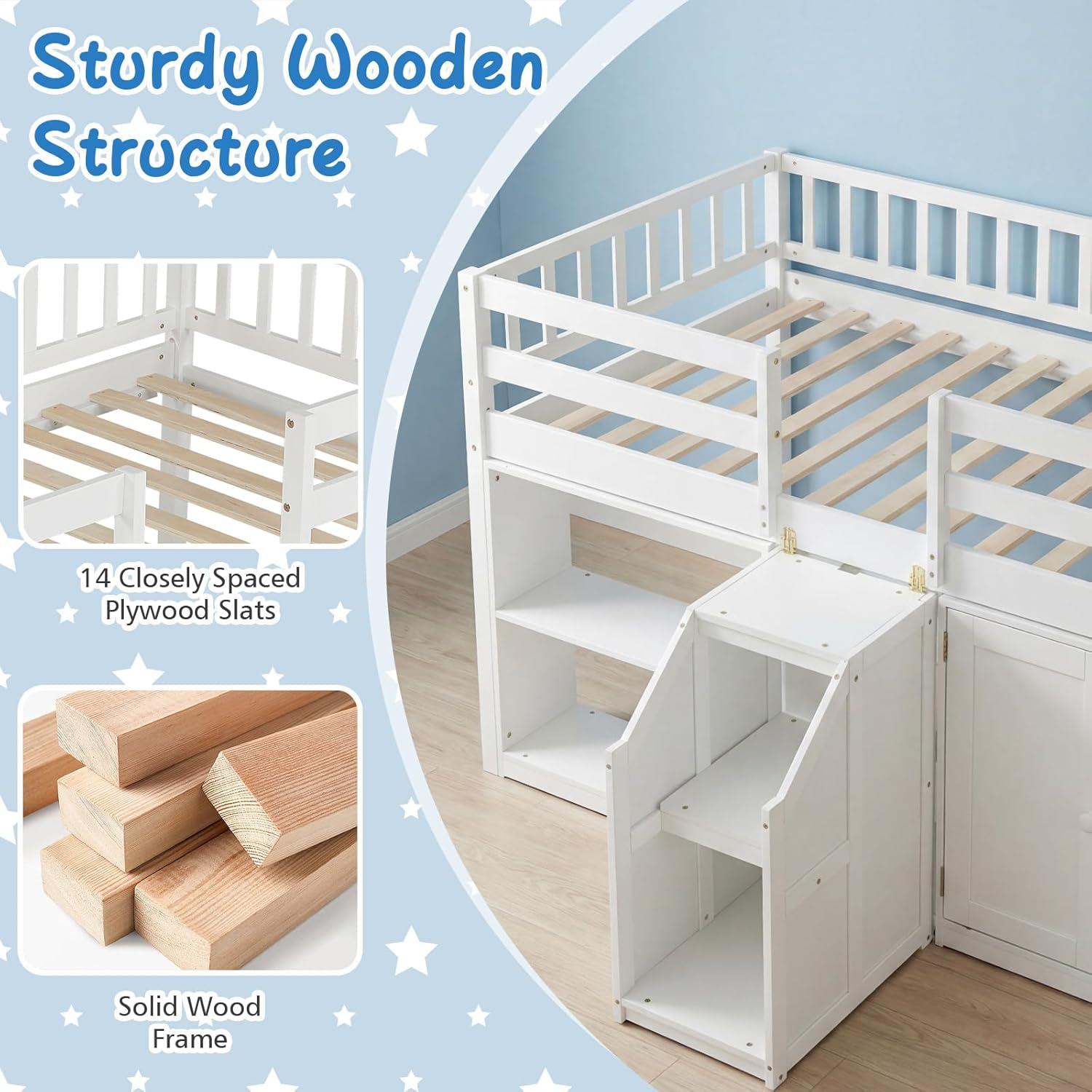 image:imageGiantex Low Loft Bed Twin Size with LED Lights Wooden Bed Frame wStairs Safety Guardrails Storage Cabinet Bookshelf amp UnderBed Play Space Modern Kids Loft Bed for Boys Girls Mint GreenWhite