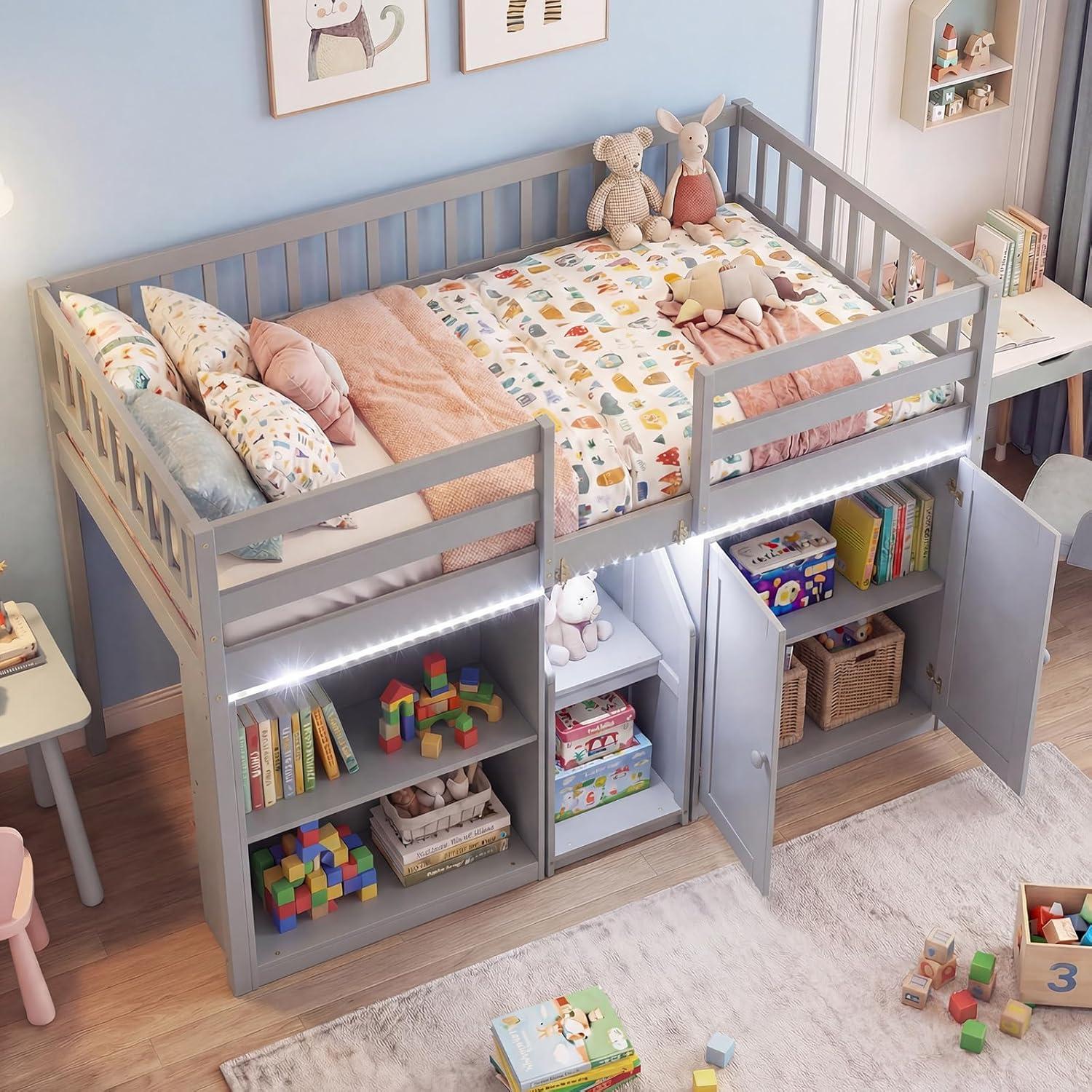 image:imageGiantex Low Loft Bed Twin Size with LED Lights Wooden Bed Frame wStairs Safety Guardrails Storage Cabinet Bookshelf amp UnderBed Play Space Modern Kids Loft Bed for Boys Girls Mint GreenGrey