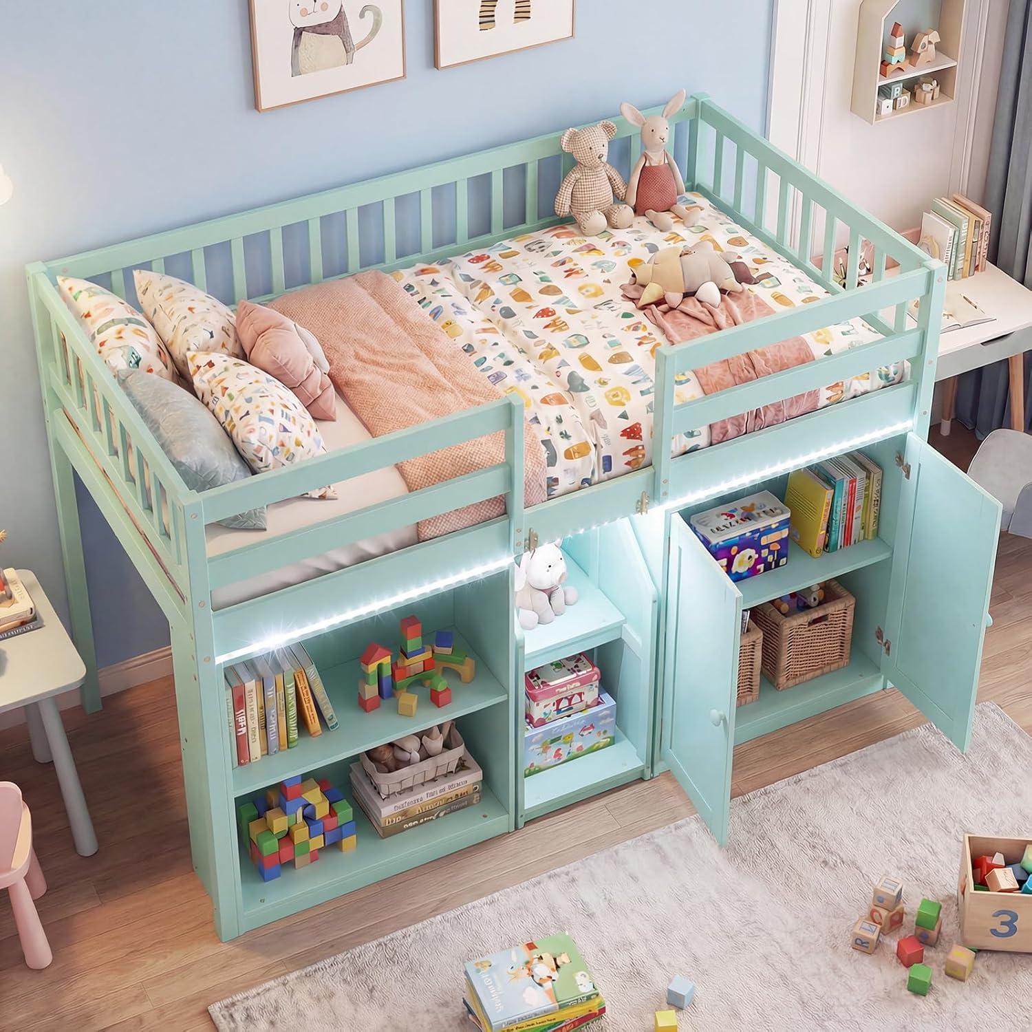 image:imageGiantex Low Loft Bed Twin Size with LED Lights Wooden Bed Frame wStairs Safety Guardrails Storage Cabinet Bookshelf amp UnderBed Play Space Modern Kids Loft Bed for Boys Girls Mint GreenMint Green