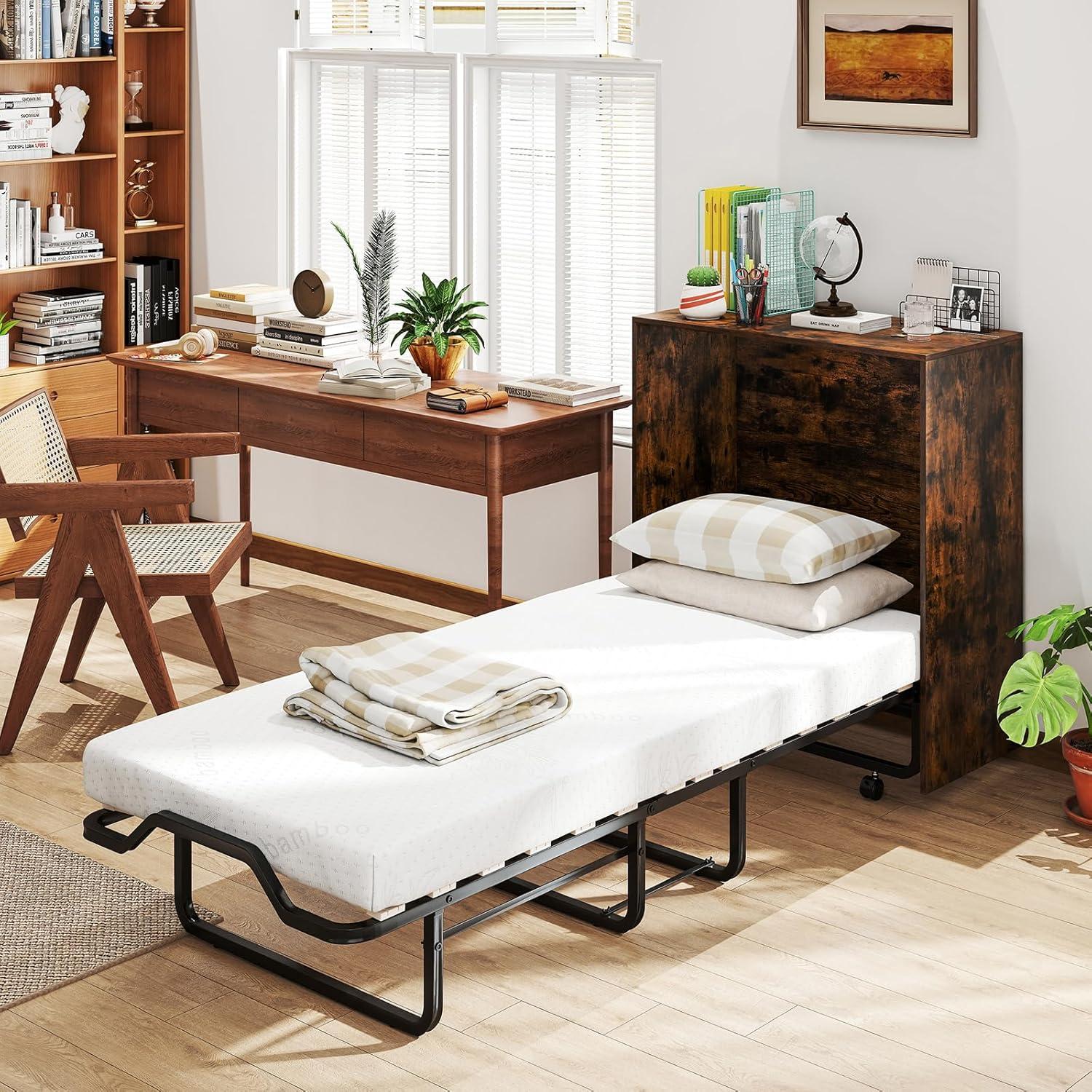 image:imageGiantex Murphy Bed Cabinet with Mattress 74 x 31 Cot Size Folding Bed wStorage Metal Frame amp Lockable Rolling Wheels SpaceSaving Roll Away Beds with Mattresses for Adults Guests WhiteRustic Brown
