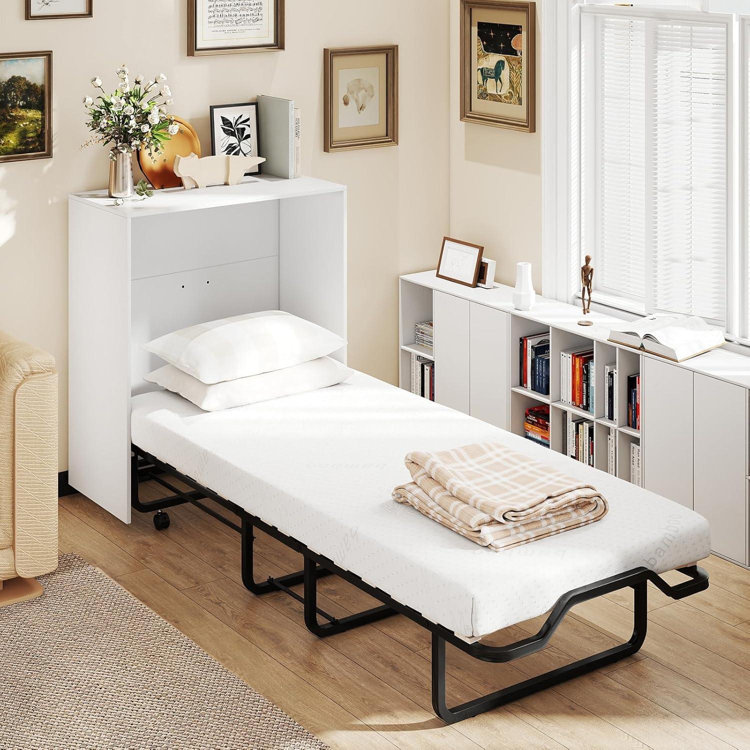 image:imageGiantex Murphy Bed Cabinet with Mattress 74 x 31 Cot Size Folding Bed wStorage Metal Frame amp Lockable Rolling Wheels SpaceSaving Roll Away Beds with Mattresses for Adults Guests WhiteWhite