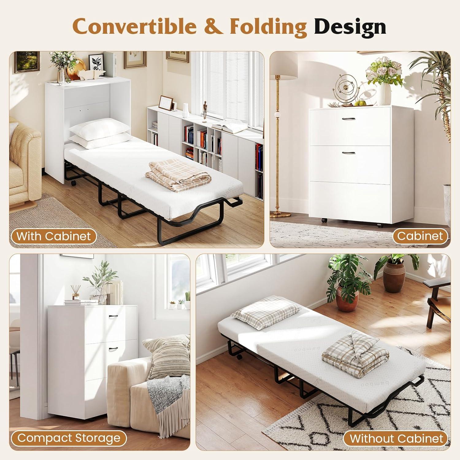 image:imageGiantex Murphy Bed Cabinet with Mattress 74 x 31 Cot Size Folding Bed wStorage Metal Frame amp Lockable Rolling Wheels SpaceSaving Roll Away Beds with Mattresses for Adults Guests WhiteWhite