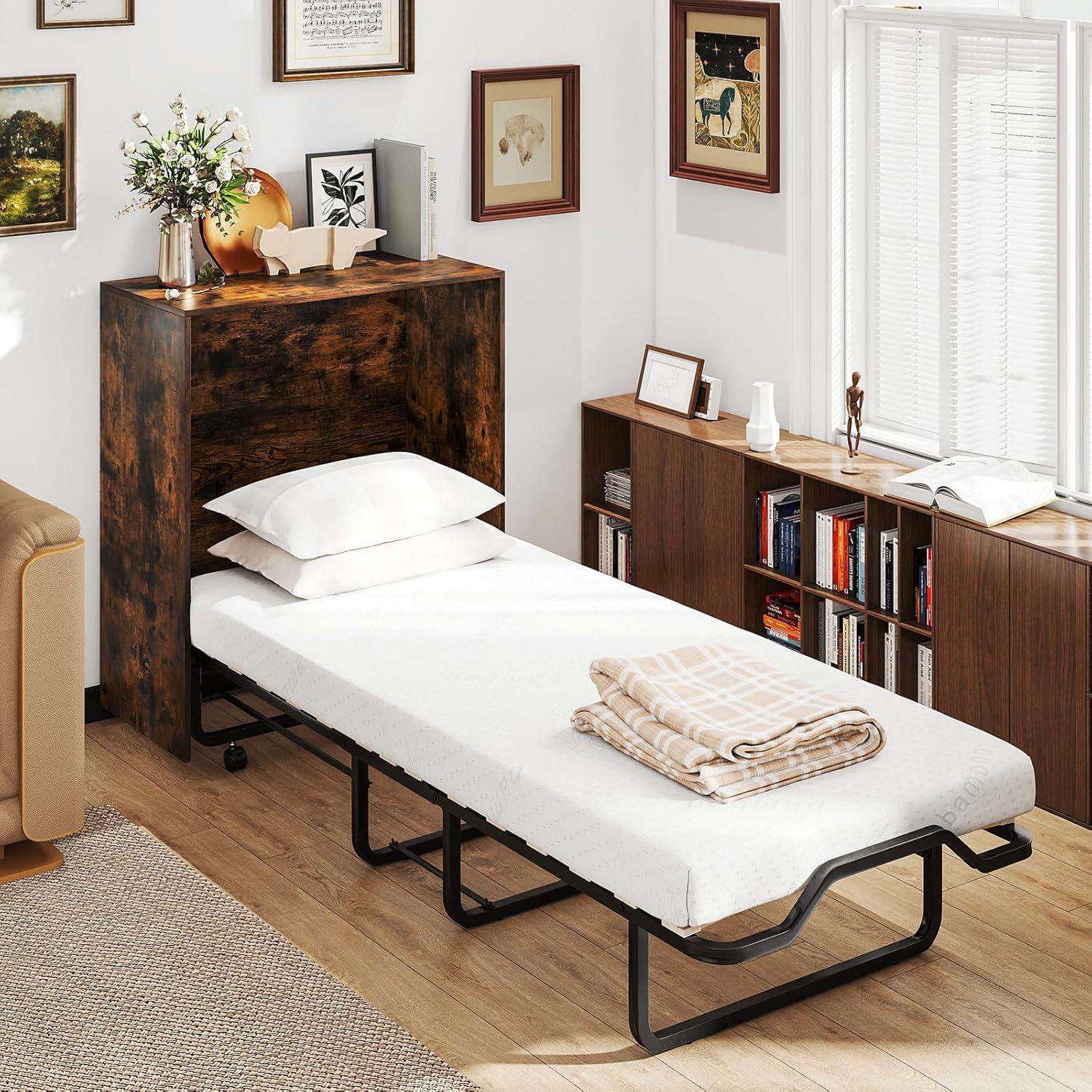 image:imageGiantex Murphy Bed Cabinet with Mattress 74 x 31 Cot Size Folding Bed wStorage Metal Frame amp Lockable Rolling Wheels SpaceSaving Roll Away Beds with Mattresses for Adults Guests WhiteRustic Brown
