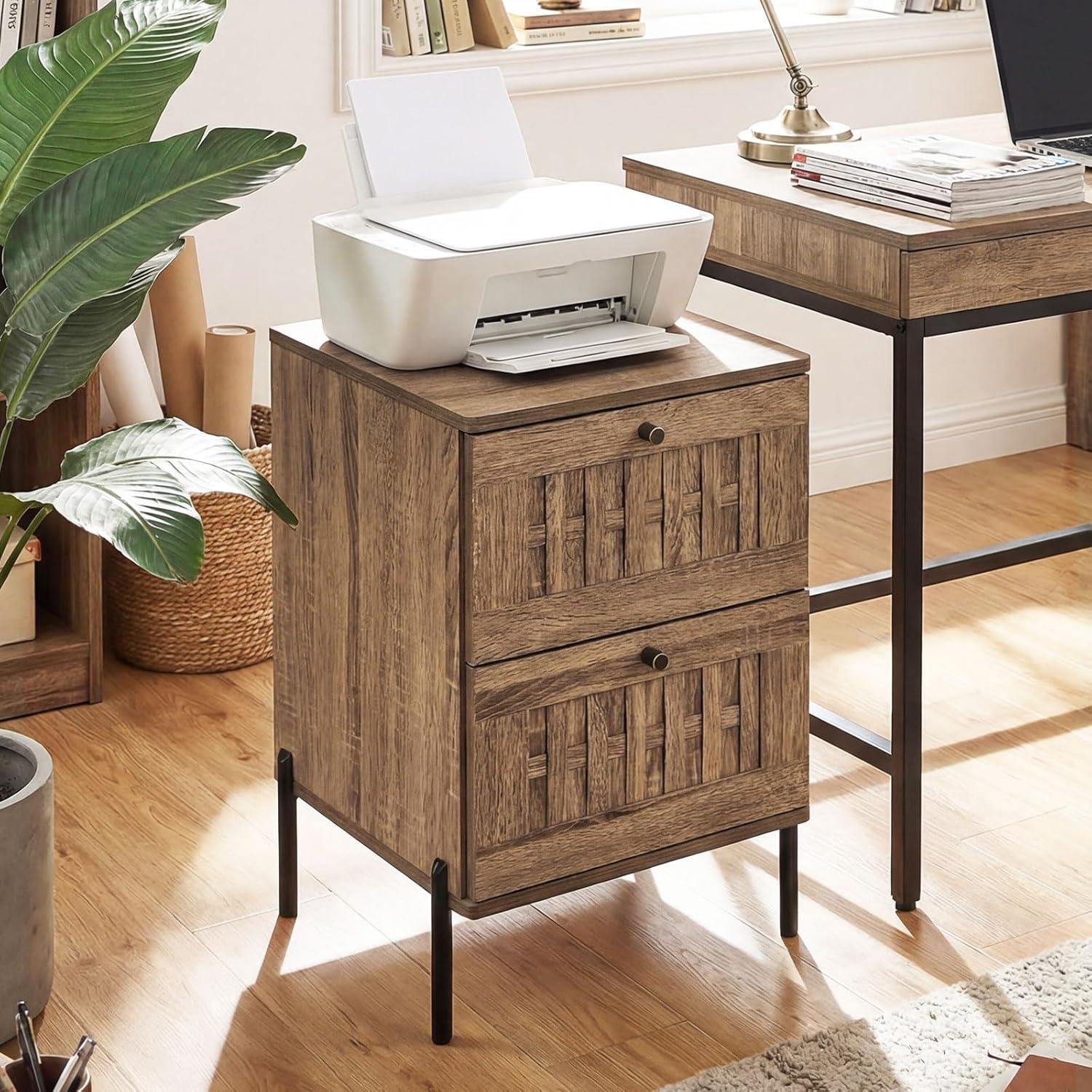 image:imageGiantex Night Stand Set 2 Mid Century Modern Sofa End Bedside Table w2 Woven Storage Drawers amp Raised Metal Support Legs Wood Side Table for Bedroom Home Office Rustic Oak2