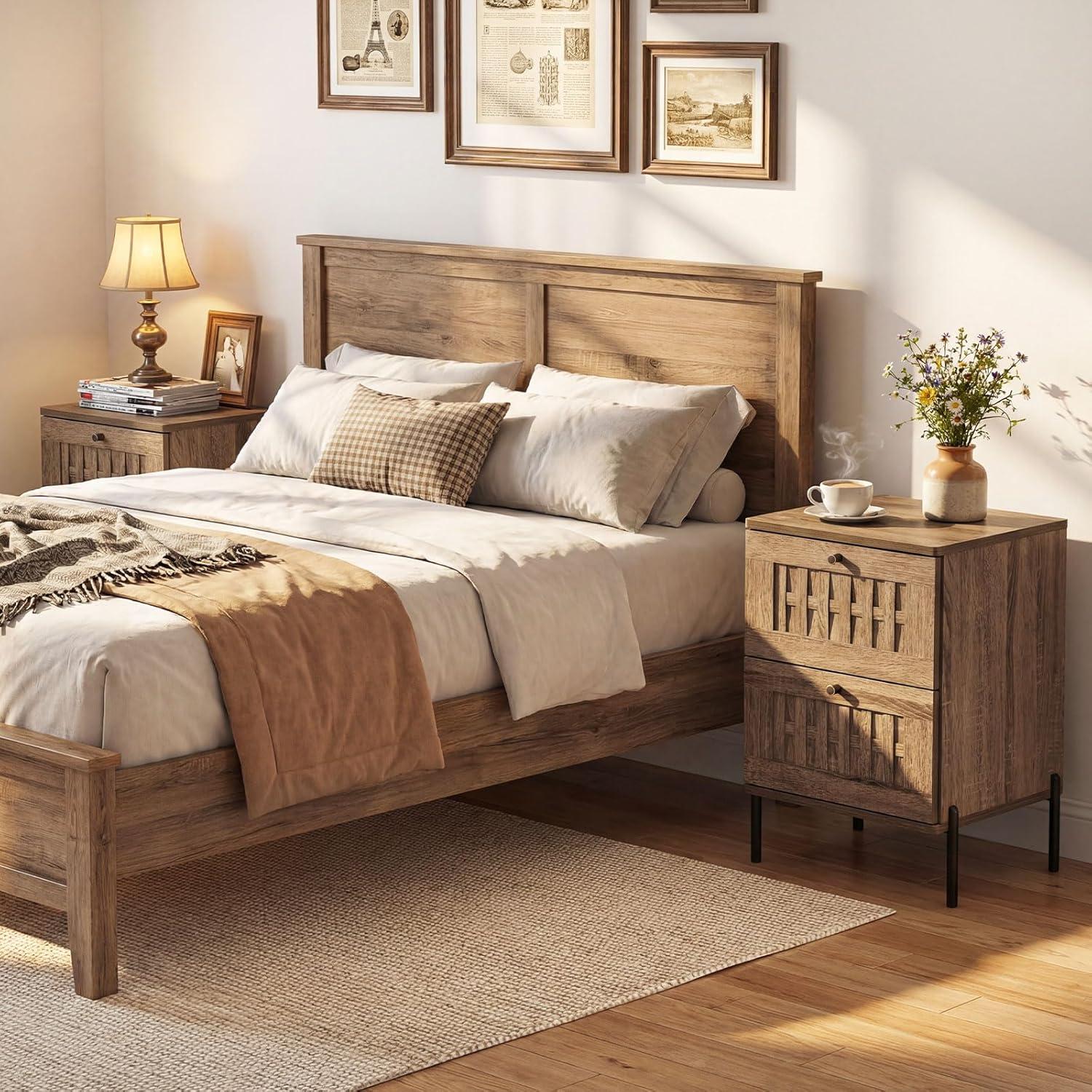 image:imageGiantex Night Stand Set 2 Mid Century Modern Sofa End Bedside Table w2 Woven Storage Drawers amp Raised Metal Support Legs Wood Side Table for Bedroom Home Office Rustic Oak1