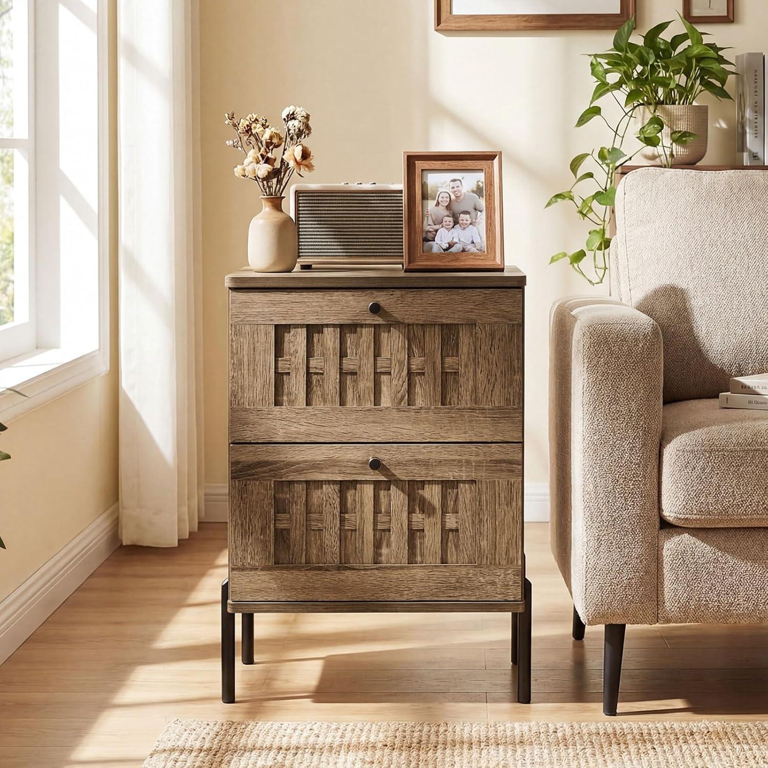 image:imageGiantex Night Stand Set 2 Mid Century Modern Sofa End Bedside Table w2 Woven Storage Drawers amp Raised Metal Support Legs Wood Side Table for Bedroom Home Office Rustic Oak2