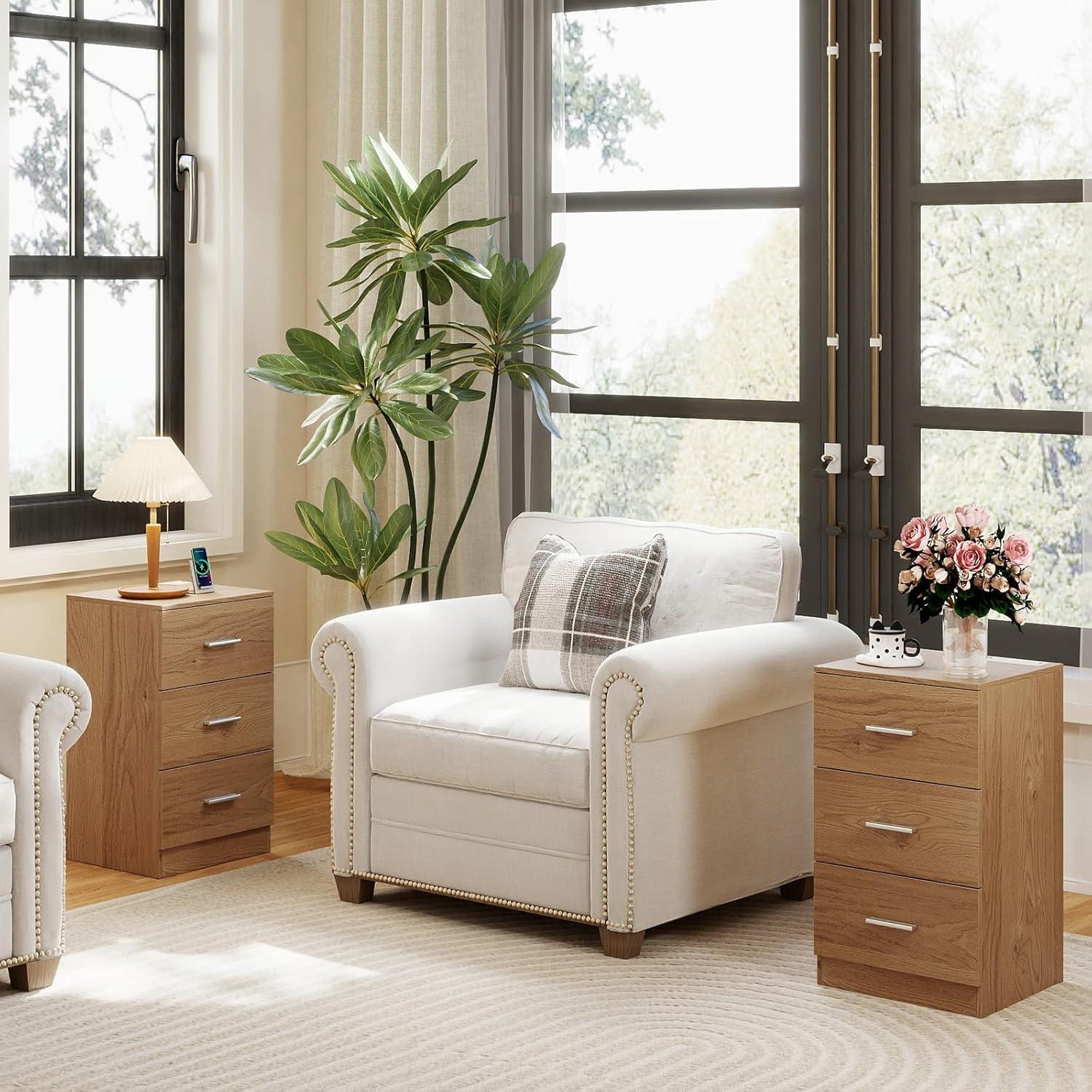 image:imageGiantex Night Stand Set 2 with Charging Station 26 Tall Side End Table w3 Storage Drawers Wooden Nightstand Chest of Drawers Wood Dresser for Bedroom Office 2 NaturalNatural