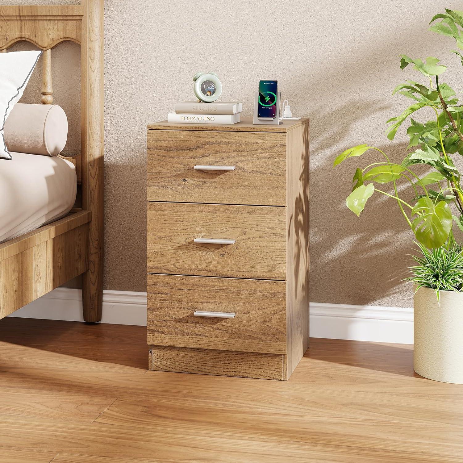 image:imageGiantex Night Stand Set 2 with Charging Station 26 Tall Side End Table w3 Storage Drawers Wooden Nightstand Chest of Drawers Wood Dresser for Bedroom Office 2 NaturalNatural