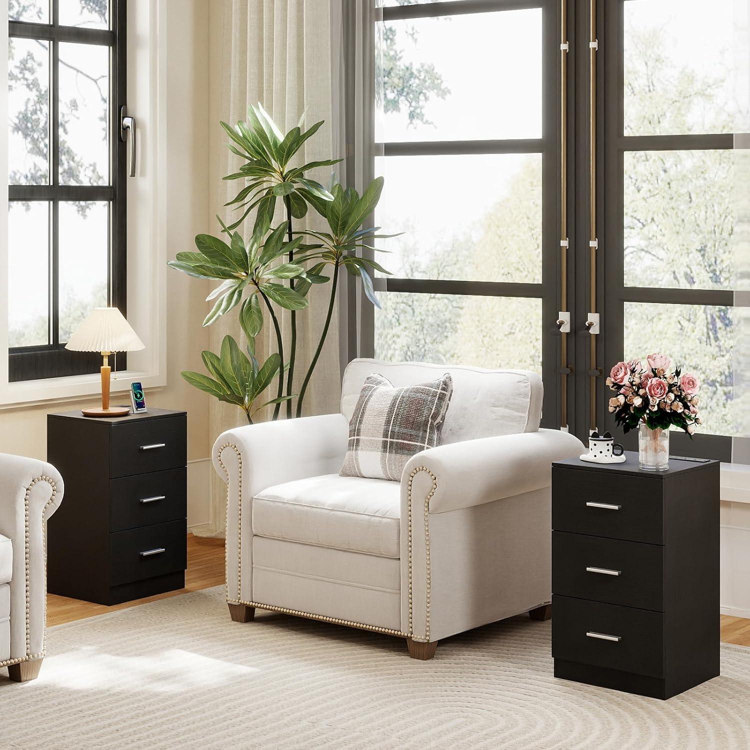 image:imageGiantex Night Stand Set 2 with Charging Station 26 Tall Side End Table w3 Storage Drawers Wooden Nightstand Chest of Drawers Wood Dresser for Bedroom Office 2 NaturalBlack