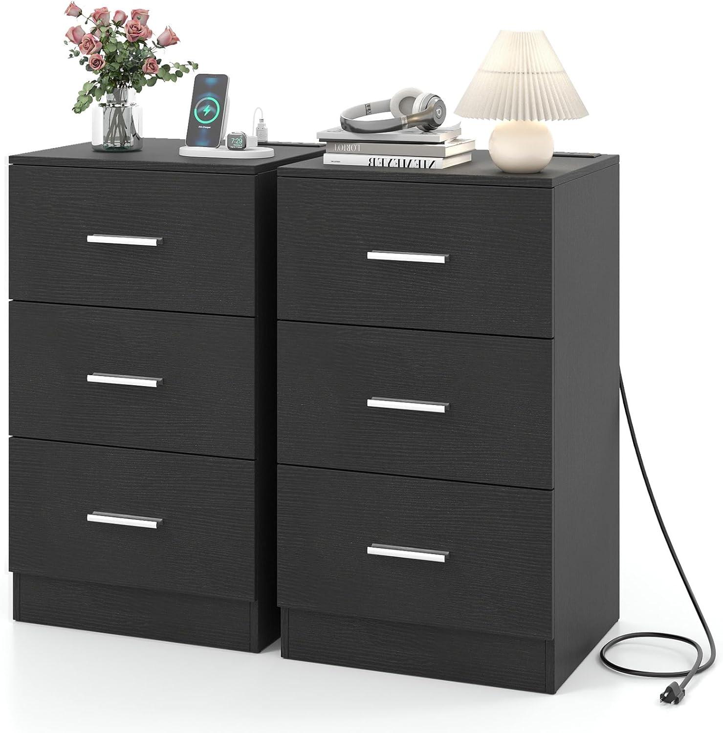 image:imageGiantex Night Stand Set 2 with Charging Station 26 Tall Side End Table w3 Storage Drawers Wooden Nightstand Chest of Drawers Wood Dresser for Bedroom Office 2 NaturalBlack