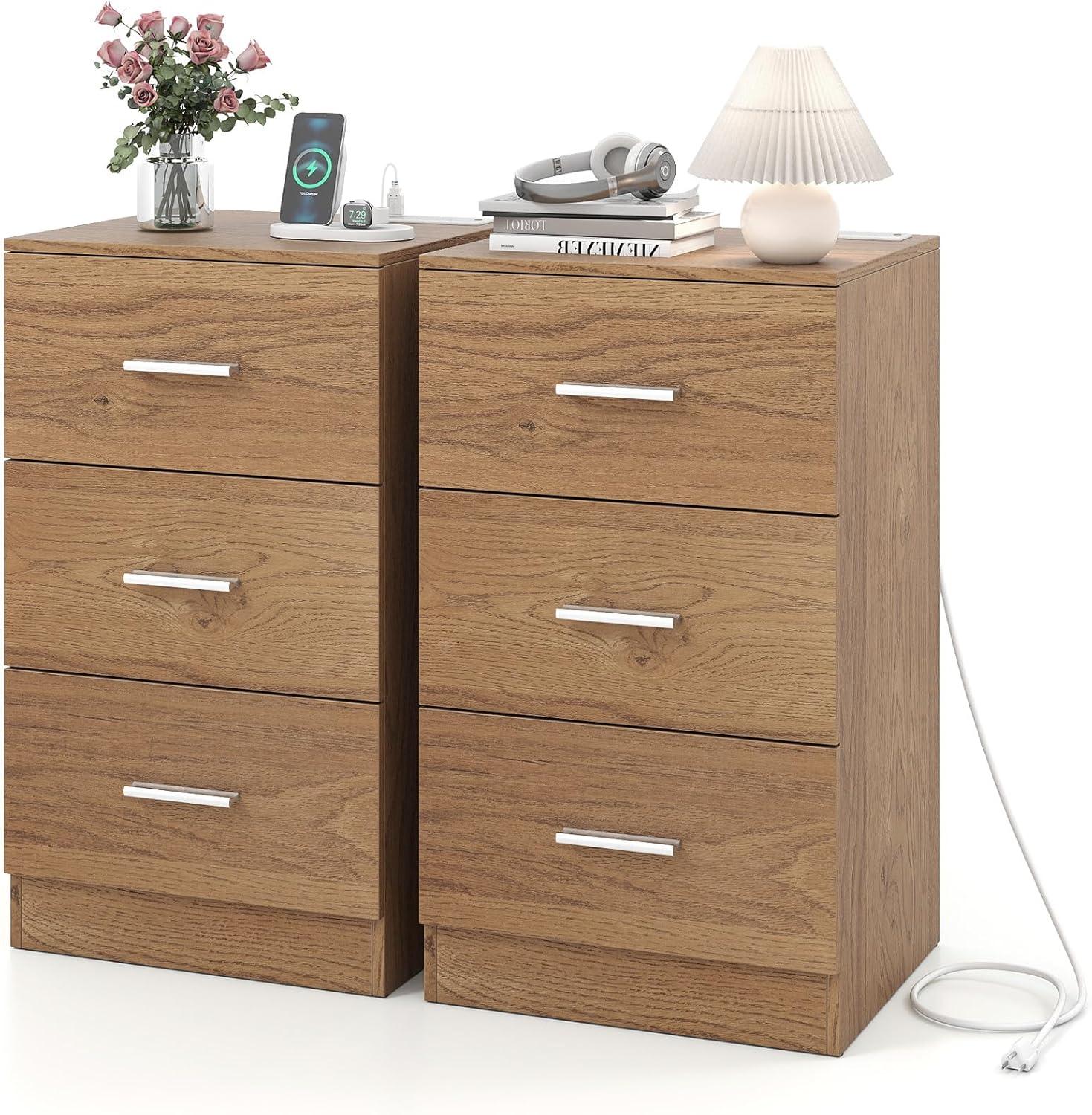 image:imageGiantex Night Stand Set 2 with Charging Station 26 Tall Side End Table w3 Storage Drawers Wooden Nightstand Chest of Drawers Wood Dresser for Bedroom Office 2 NaturalNatural