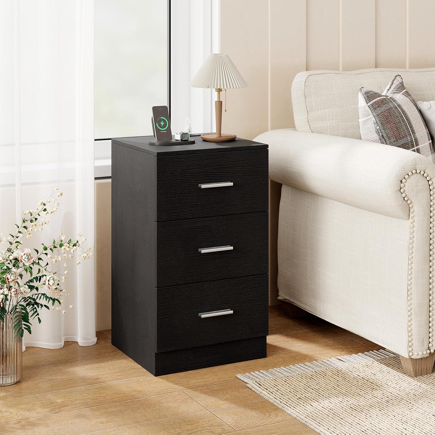 image:imageGiantex Night Stand Set 2 with Charging Station 26 Tall Side End Table w3 Storage Drawers Wooden Nightstand Chest of Drawers Wood Dresser for Bedroom Office 2 NaturalBlack